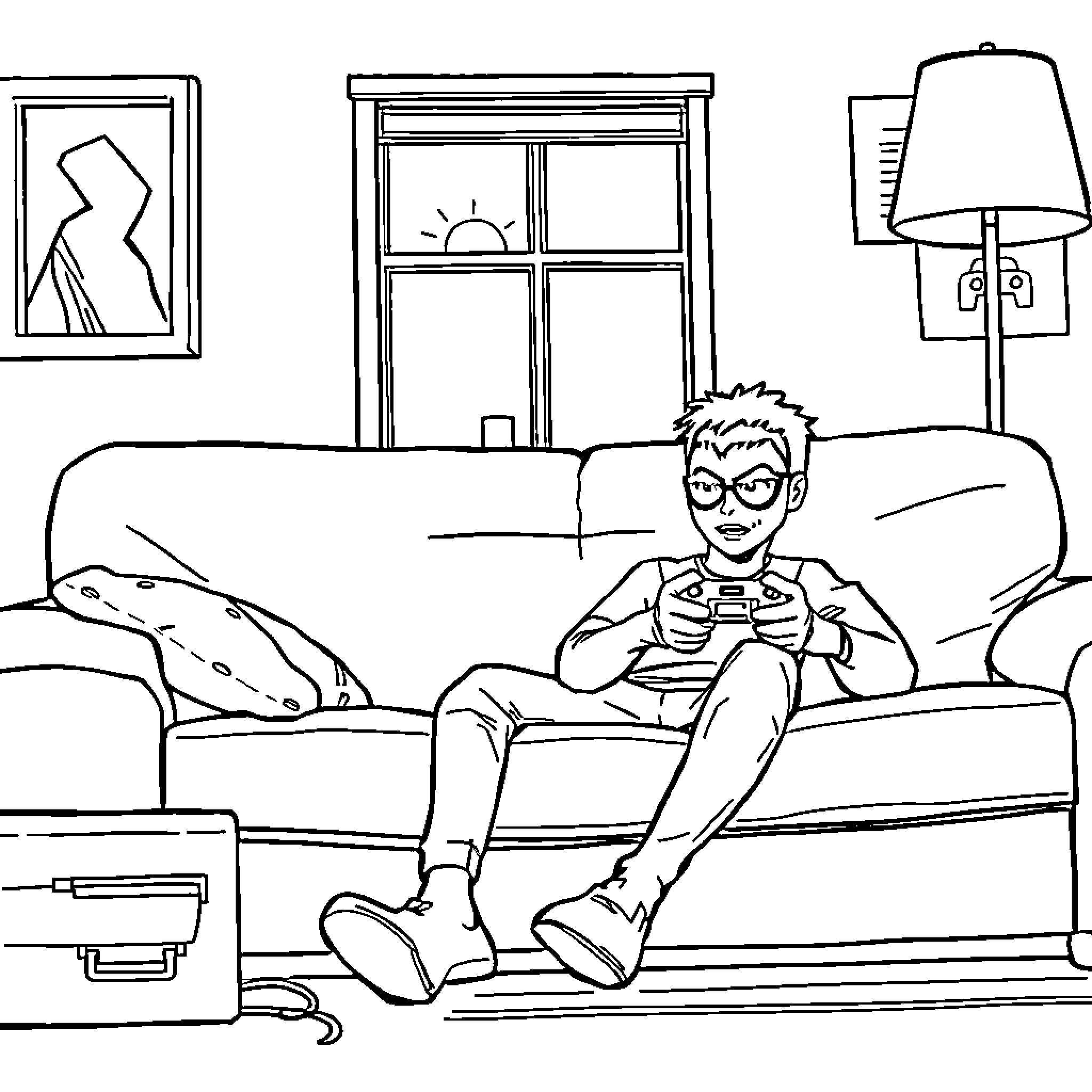 Miles Morales playing video game on the couch Coloring Page (free black-and-white line drawing printable PDF for all, from beginners to advanced learners, including children, teens, adults, and seniors)