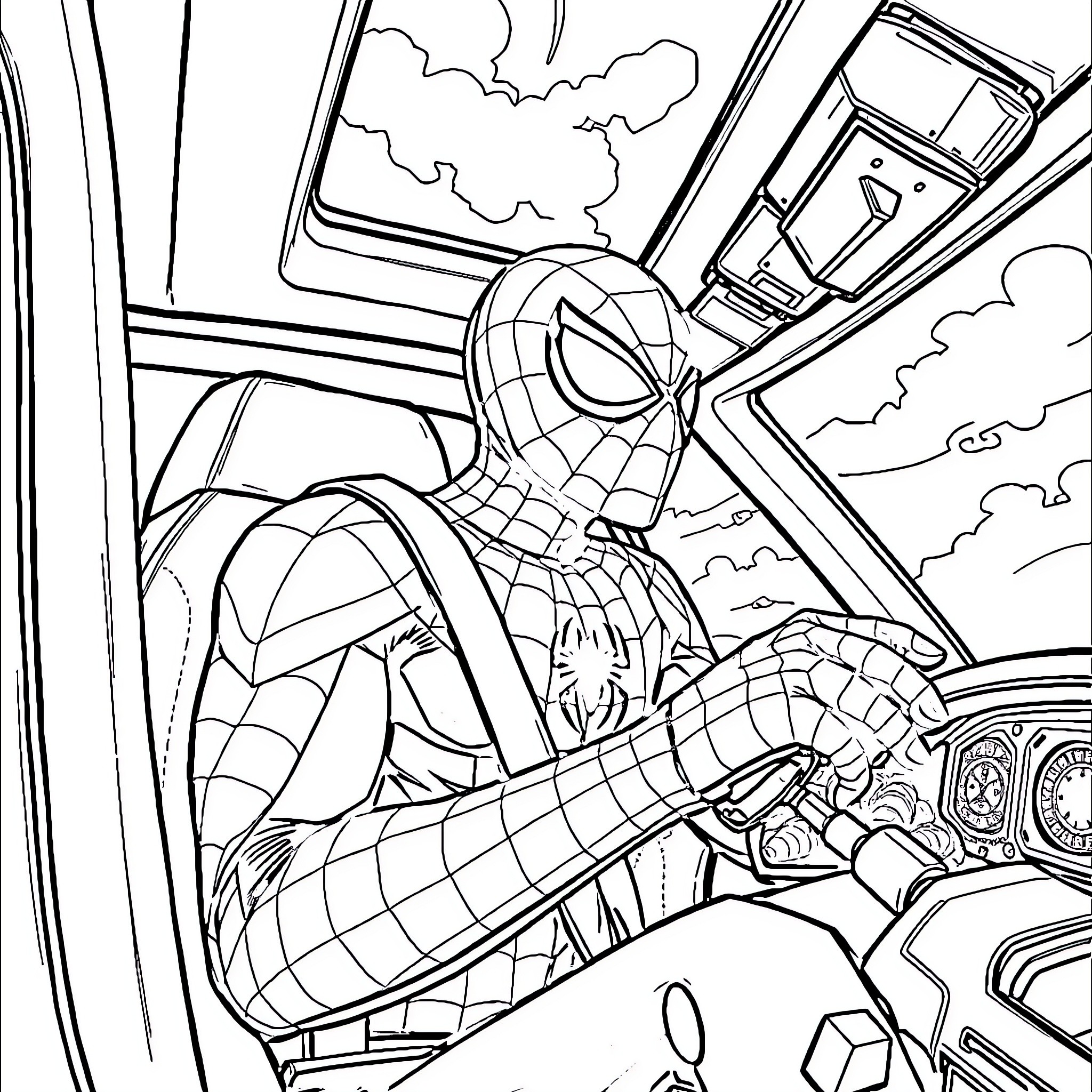 Spiderman swinging through the city skyline Coloring Page (free black-and-white line drawing printable PDF for all, from beginners to advanced learners, including children, teens, adults, and seniors)
