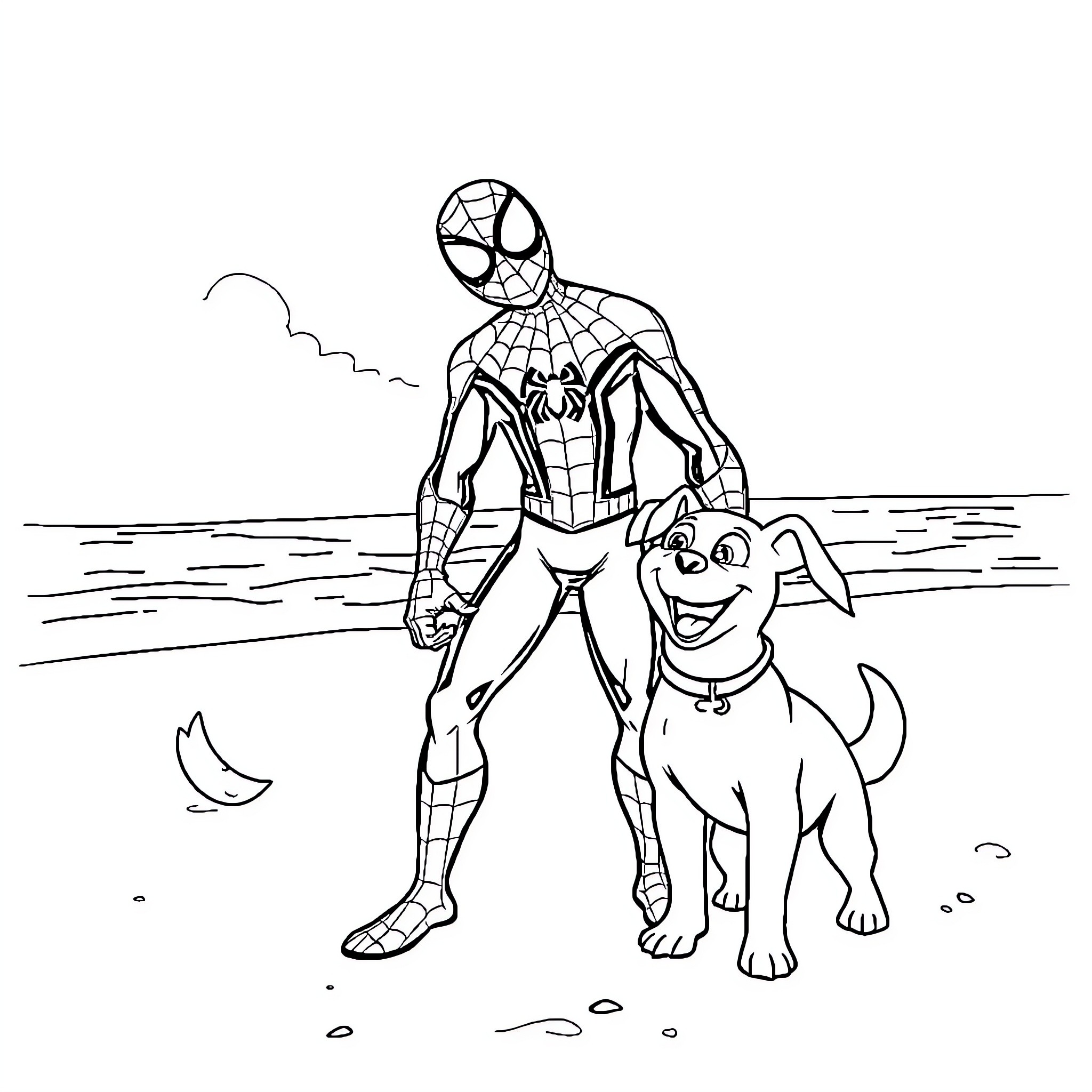 Spiderman and a friendly dog on the beach Coloring Page (free black-and-white line drawing printable PDF for all, from beginners to advanced learners, including children, teens, adults, and seniors)