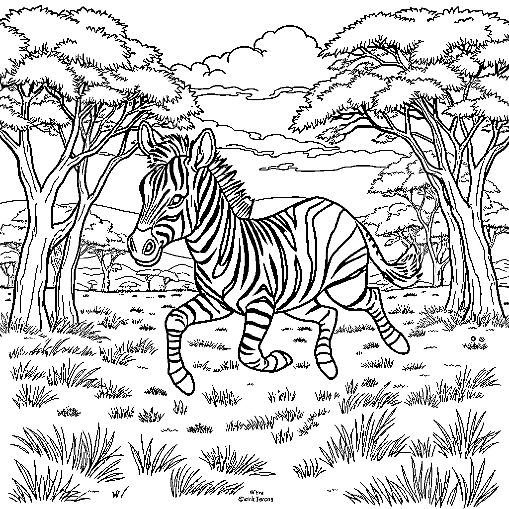 Zebra roaming in the serene forest landscape Coloring Page (free black-and-white line drawing printable PDF for all, from beginners to advanced learners, including children, teens, adults, and seniors)