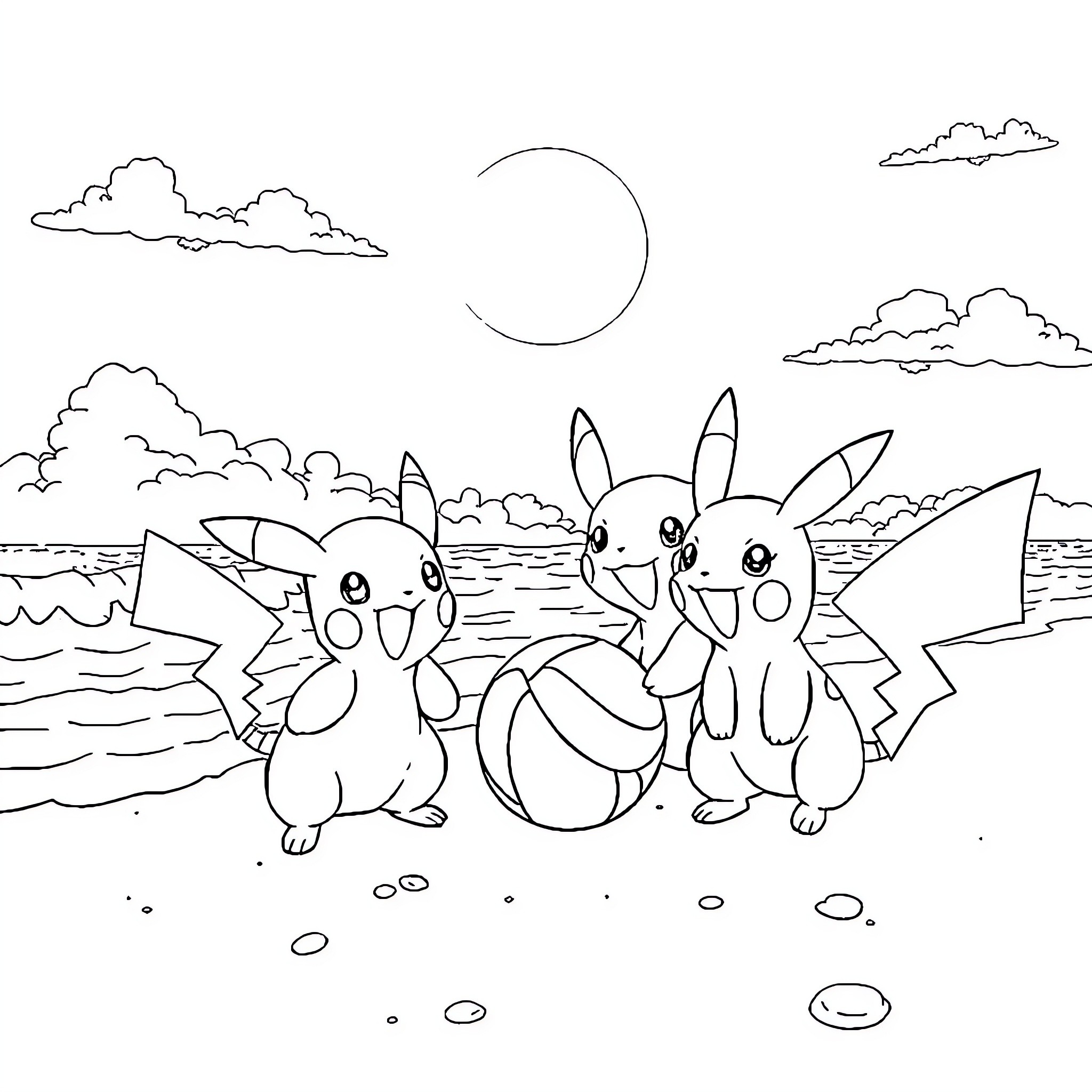 Pokémon playing on the beach Coloring Page (free black-and-white line drawing printable PDF for all, from beginners to advanced learners, including children, teens, adults, and seniors)