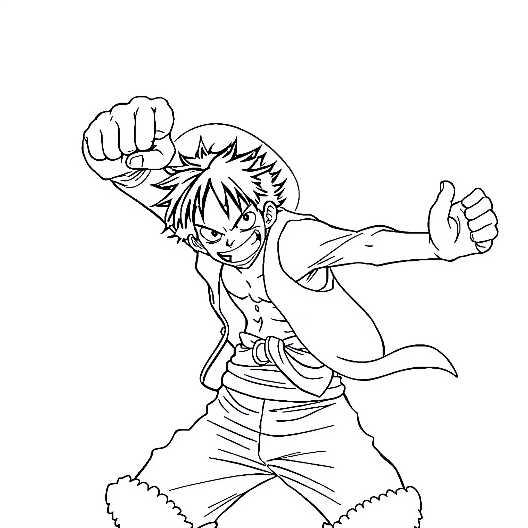 Monkey D Luffy in fierce fighting stance Coloring Page (free black-and-white line drawing printable PDF for all, from beginners to advanced learners, including children, teens, adults, and seniors)