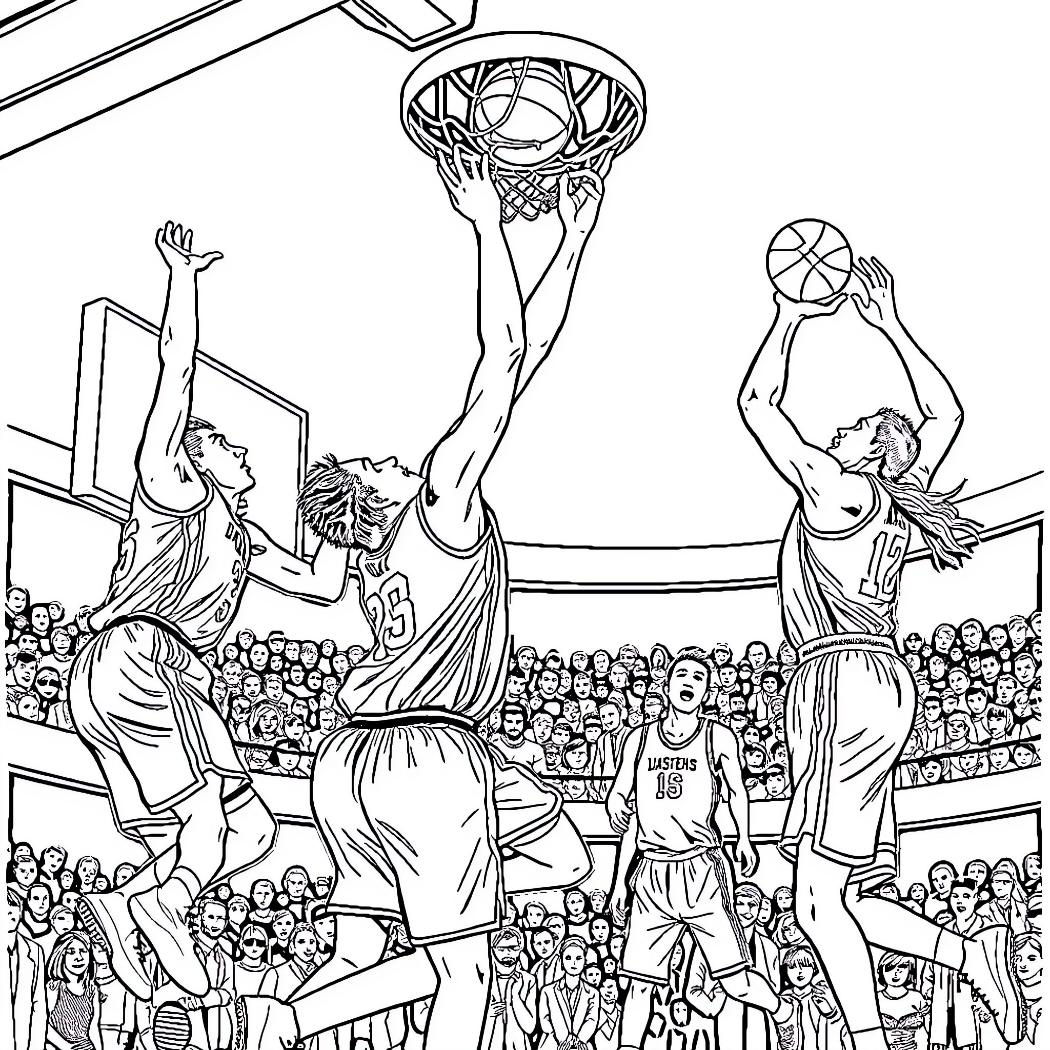 NBA Dunk: Intense Basketball Action and Crowd Excitement Coloring Page (free black-and-white line drawing printable PDF for all, from beginners to advanced learners, including children, teens, adults, and seniors)