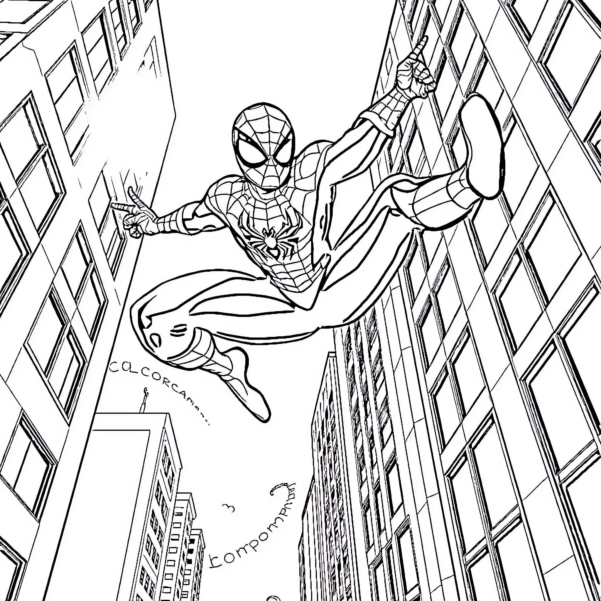 Spider-Man swinging through the city skyline Coloring Page (free black-and-white line drawing printable PDF for all, from beginners to advanced learners, including children, teens, adults, and seniors)