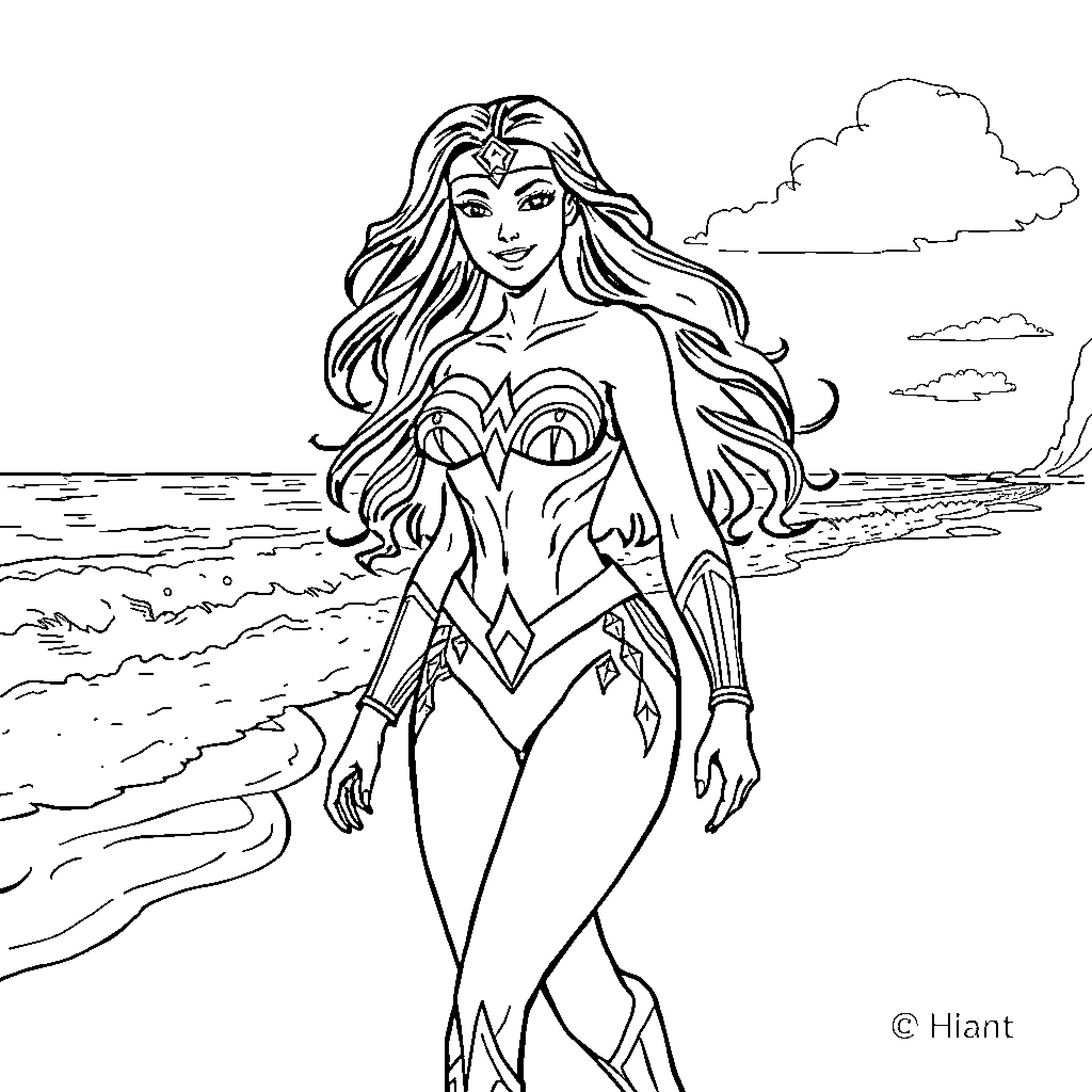 Wonder Woman standing heroically on the beach Coloring Page (free black-and-white line drawing printable PDF for all, from beginners to advanced learners, including children, teens, adults, and seniors)