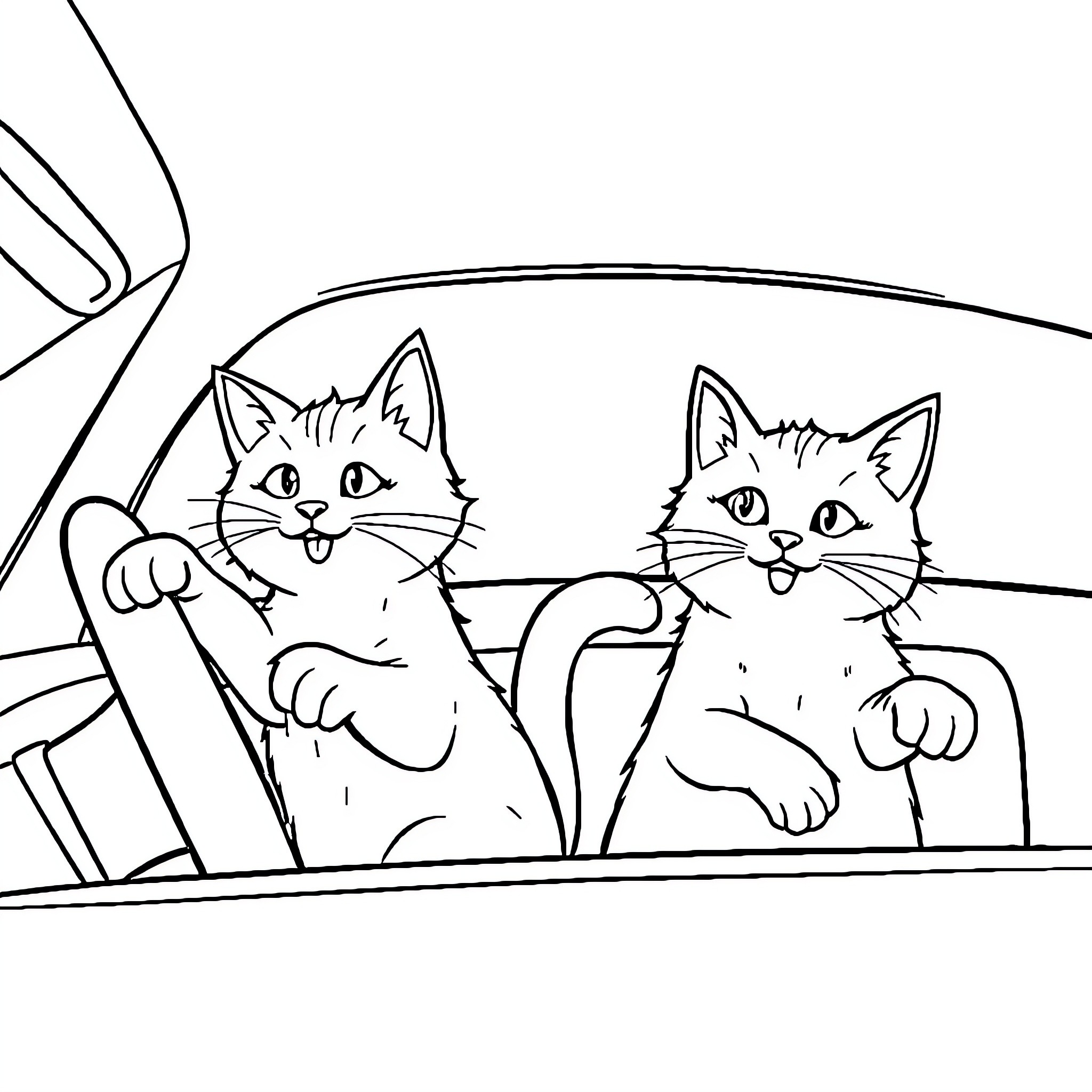 Cats peering out of a window Coloring Page (free black-and-white line drawing printable PDF for all, from beginners to advanced learners, including children, teens, adults, and seniors)
