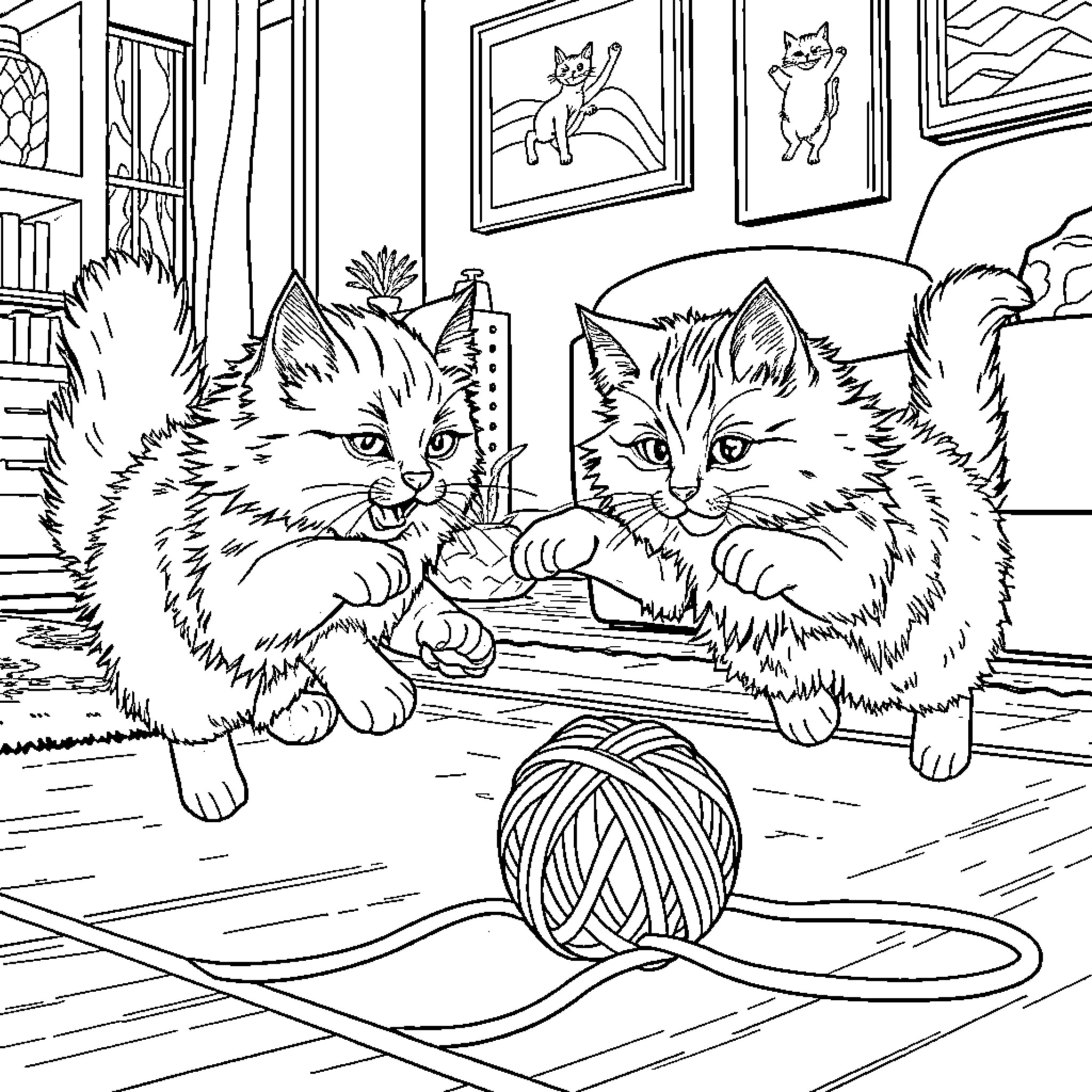 Cat playtime in cozy room Coloring Page (free black-and-white line drawing printable PDF for all, from beginners to advanced learners, including children, teens, adults, and seniors)