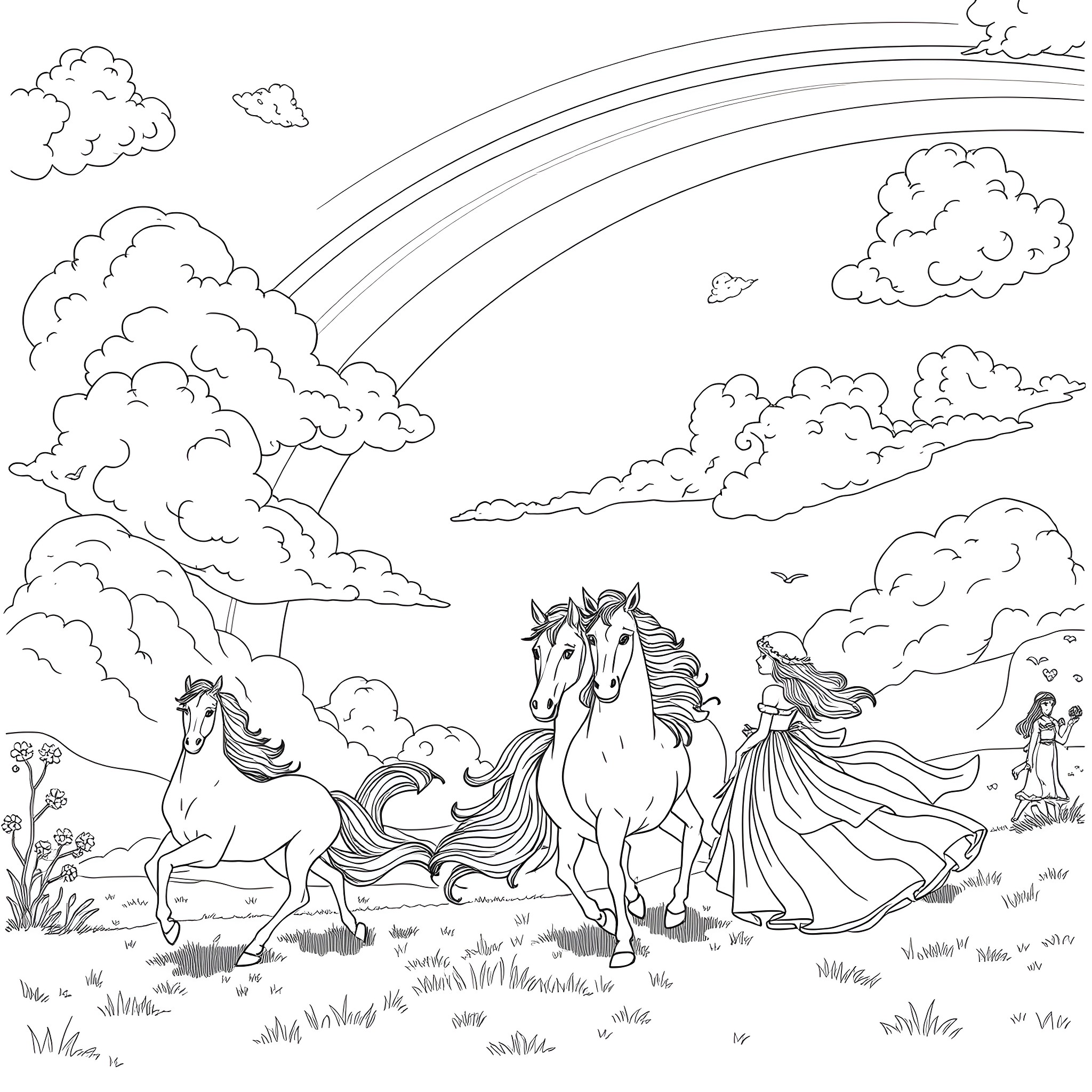 Rainbow Fantasy Horses and Maiden Adventure Coloring Page (free black-and-white line drawing printable PDF for all, from beginners to advanced learners, including children, teens, adults, and seniors)