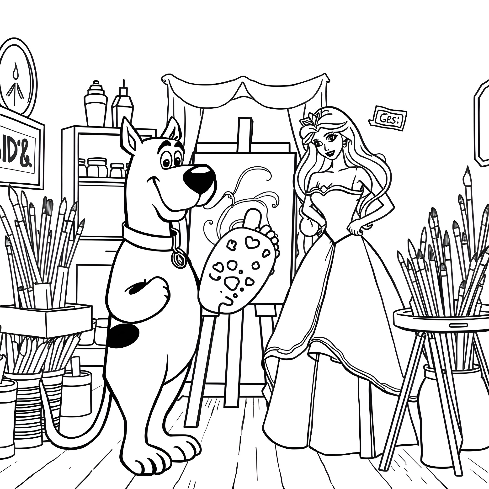 Scooby Doo and the Artistic Princess Coloring Page (free black-and-white line drawing printable PDF for all, from beginners to advanced learners, including children, teens, adults, and seniors)
