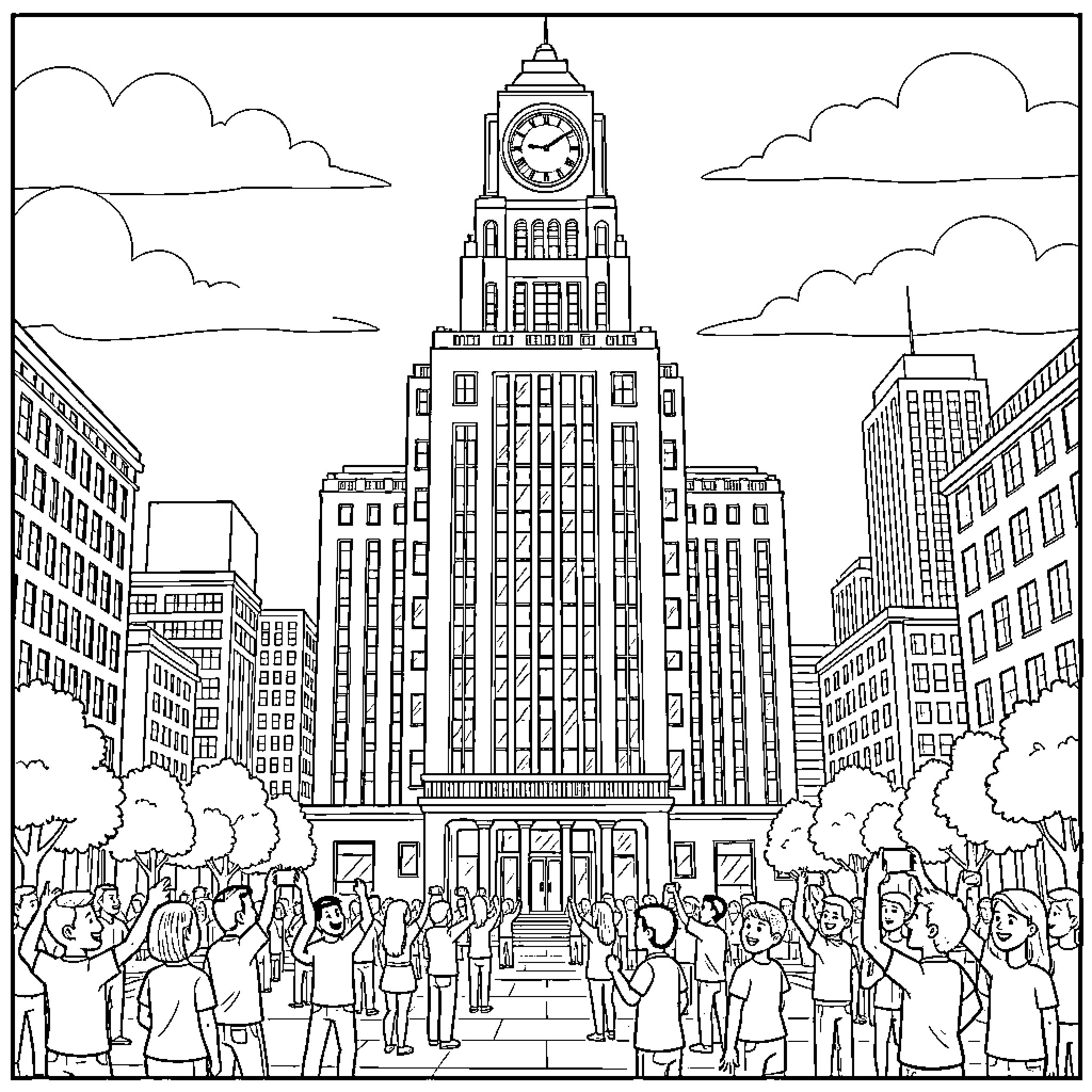 Chicago Landmark with crowds cheering in front of building Coloring Page (free black-and-white line drawing printable PDF for all, from beginners to advanced learners, including children, teens, adults, and seniors)
