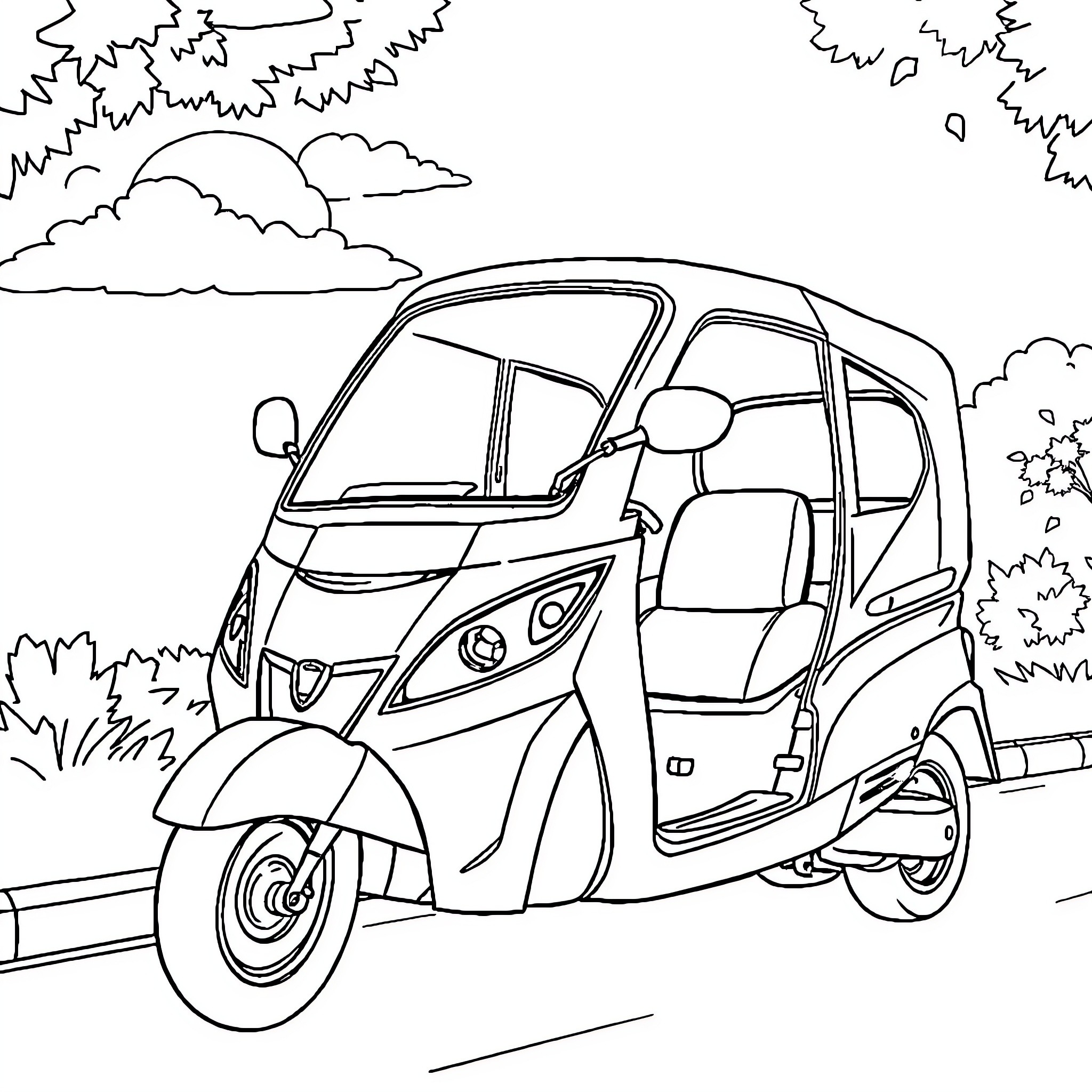 Used Car driving on the road in rural setting Coloring Page (free black-and-white line drawing printable PDF for all, from beginners to advanced learners, including children, teens, adults, and seniors)