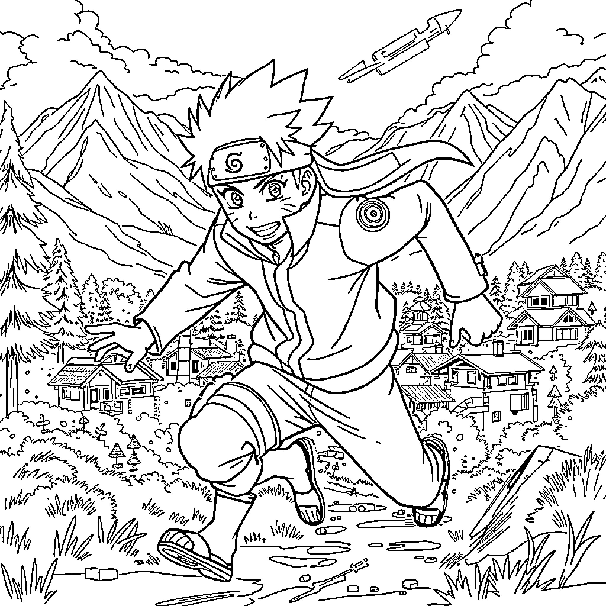 Naruto exploring the mountainous landscape Coloring Page (free black-and-white line drawing printable PDF for all, from beginners to advanced learners, including children, teens, adults, and seniors)