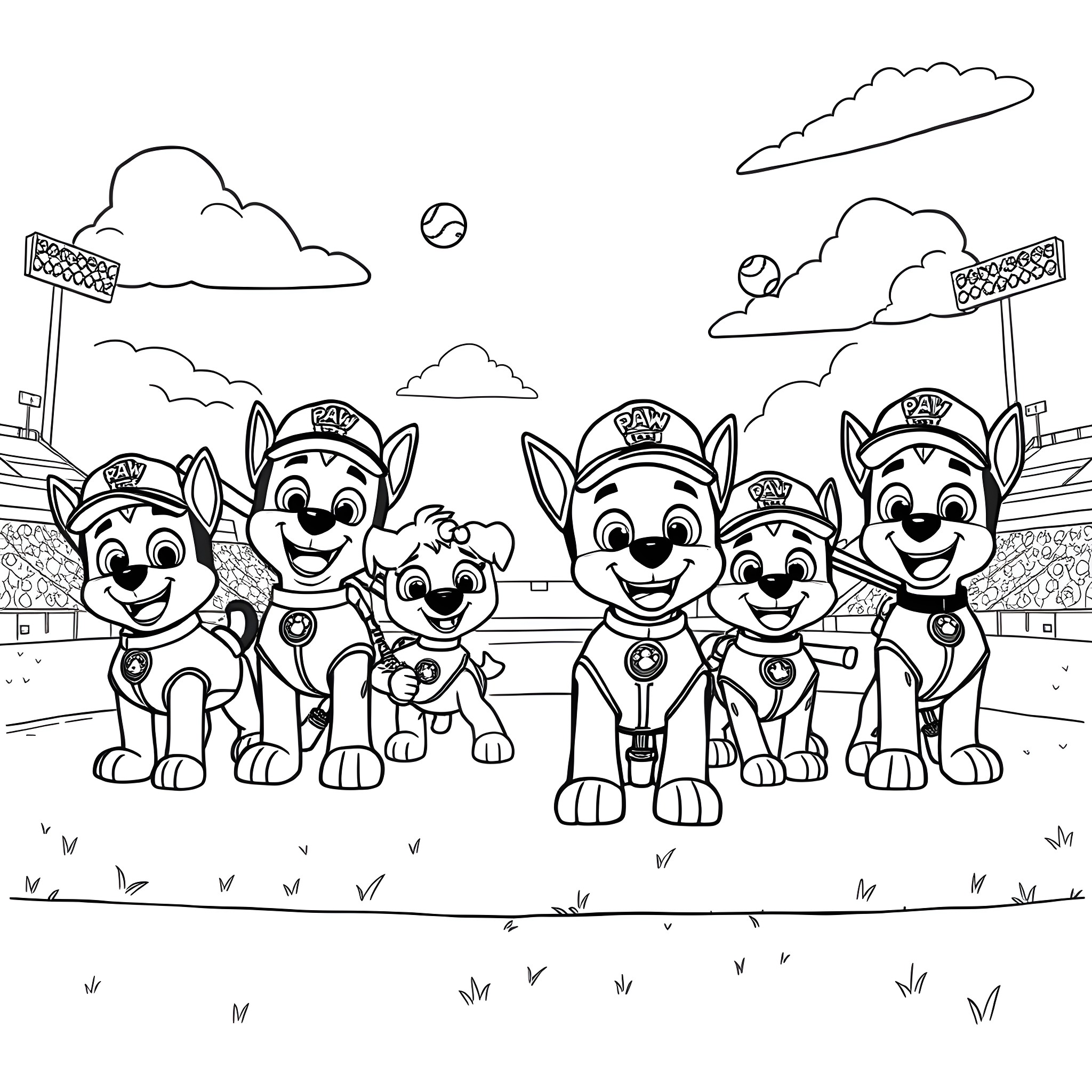 Paw Patrol Pups Enjoying a Day at the Stadium Coloring Page (free black-and-white line drawing printable PDF for all, from beginners to advanced learners, including children, teens, adults, and seniors)