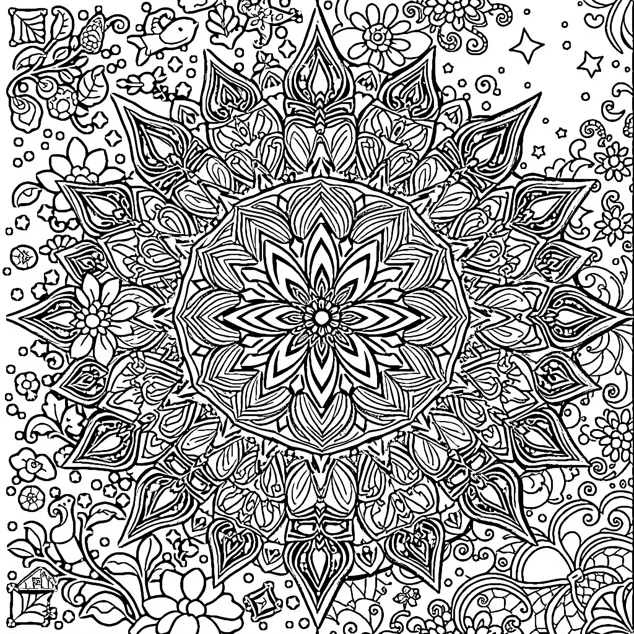 Mandalas of Intricate Floral Designs Coloring Page (free black-and-white line drawing printable PDF for all, from beginners to advanced learners, including children, teens, adults, and seniors)