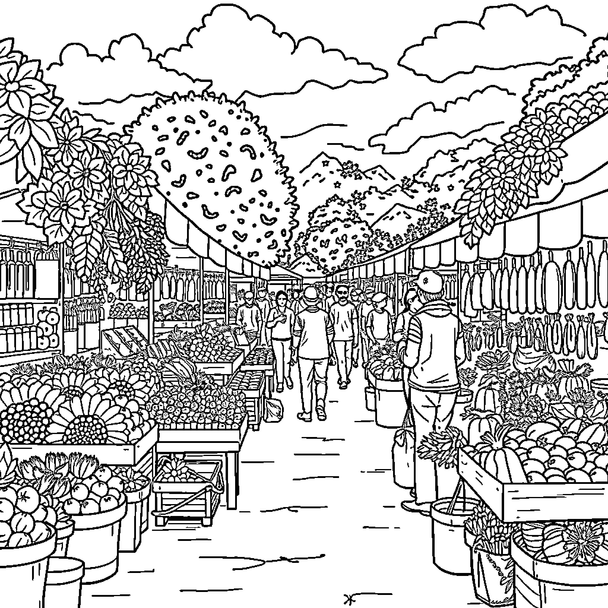 Farmer's Market Scene with Bustling Stalls and Crowds Coloring Page (free black-and-white line drawing printable PDF for all, from beginners to advanced learners, including children, teens, adults, and seniors)
