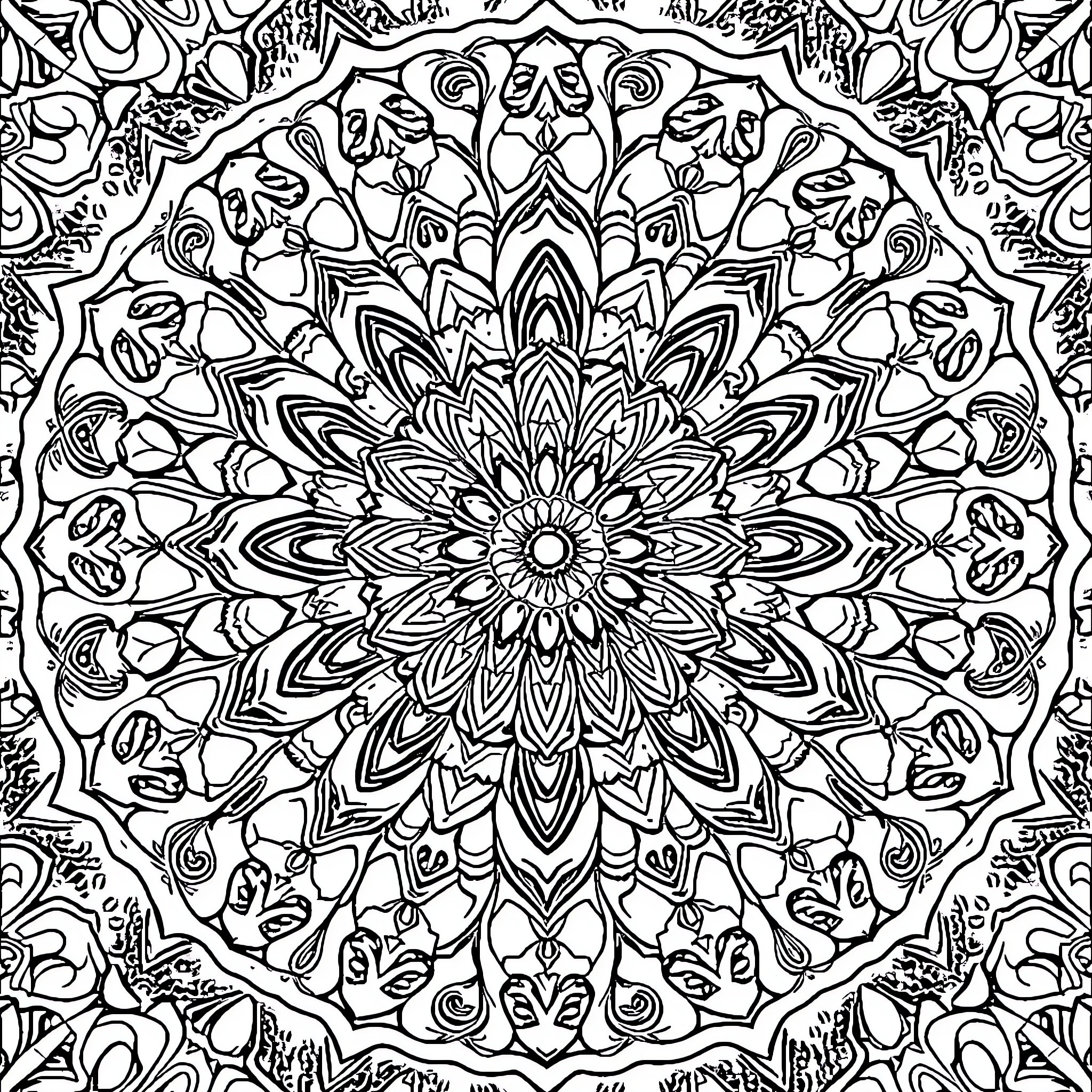 Mandala of intricate black and white patterns Coloring Page (free black-and-white line drawing printable PDF for all, from beginners to advanced learners, including children, teens, adults, and seniors)