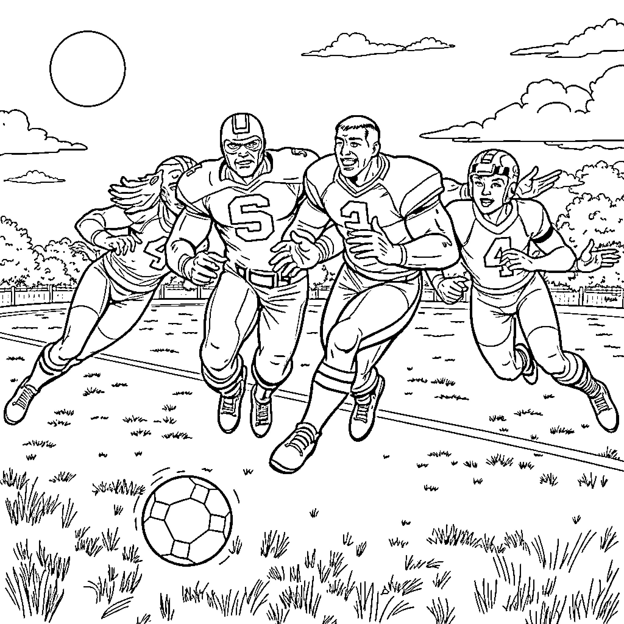 Fantastic 4 football players in action on the field Coloring Page (free black-and-white line drawing printable PDF for all, from beginners to advanced learners, including children, teens, adults, and seniors)