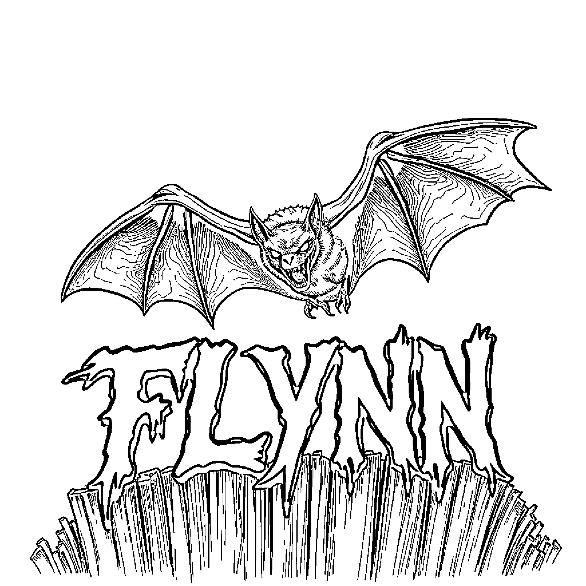 Vampire Bat Soaring Over the City of Flynn Coloring Page (free black-and-white line drawing printable PDF for all, from beginners to advanced learners, including children, teens, adults, and seniors)