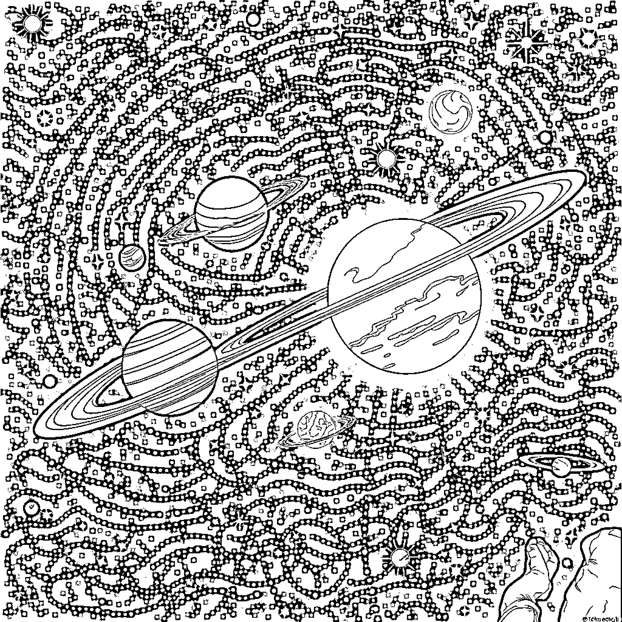 Solar System with Cosmic Swirls and Celestial Bodies Coloring Page (free black-and-white line drawing printable PDF for all, from beginners to advanced learners, including children, teens, adults, and seniors)