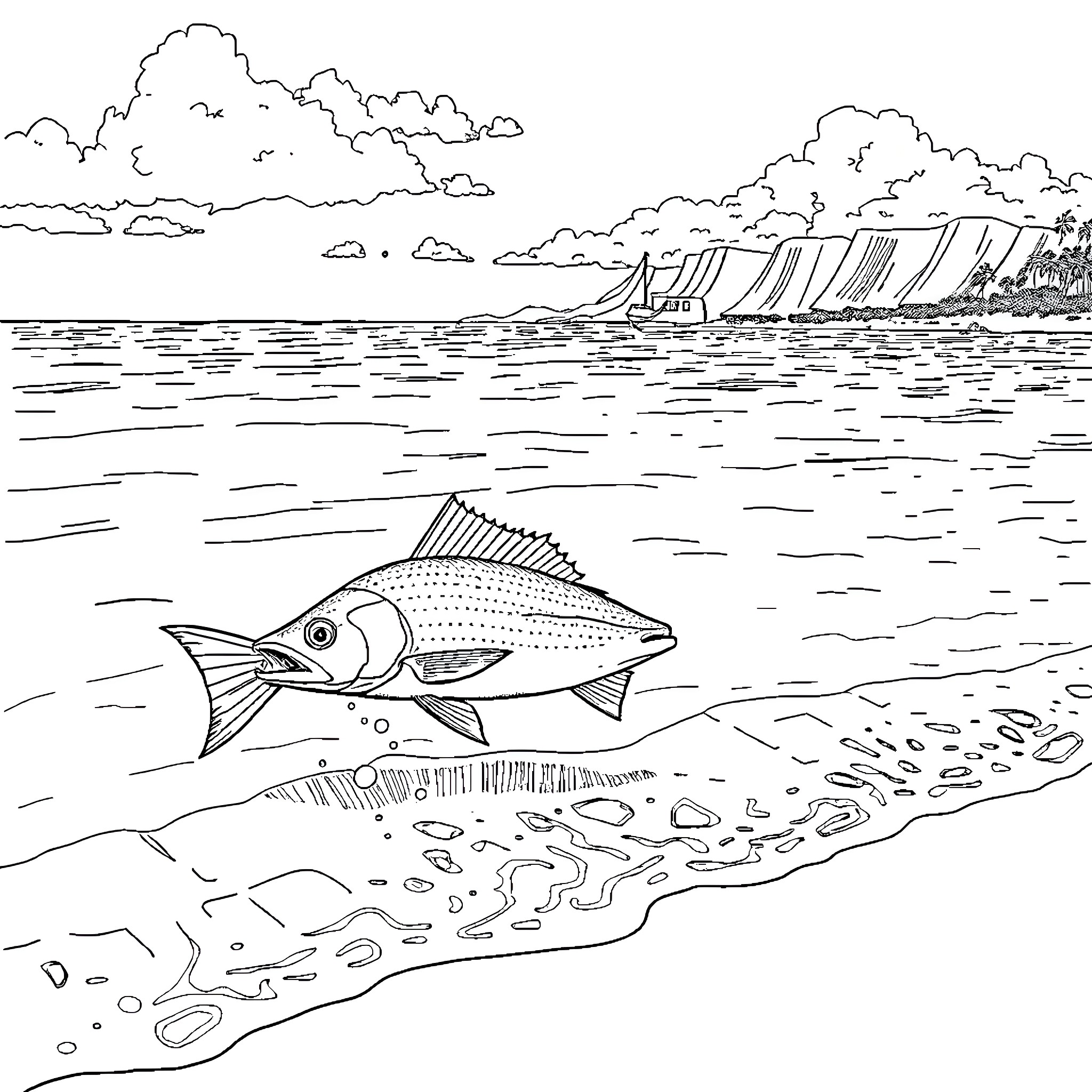 Bone Fish swimming in the coastal waters Coloring Page (free black-and-white line drawing printable PDF for all, from beginners to advanced learners, including children, teens, adults, and seniors)