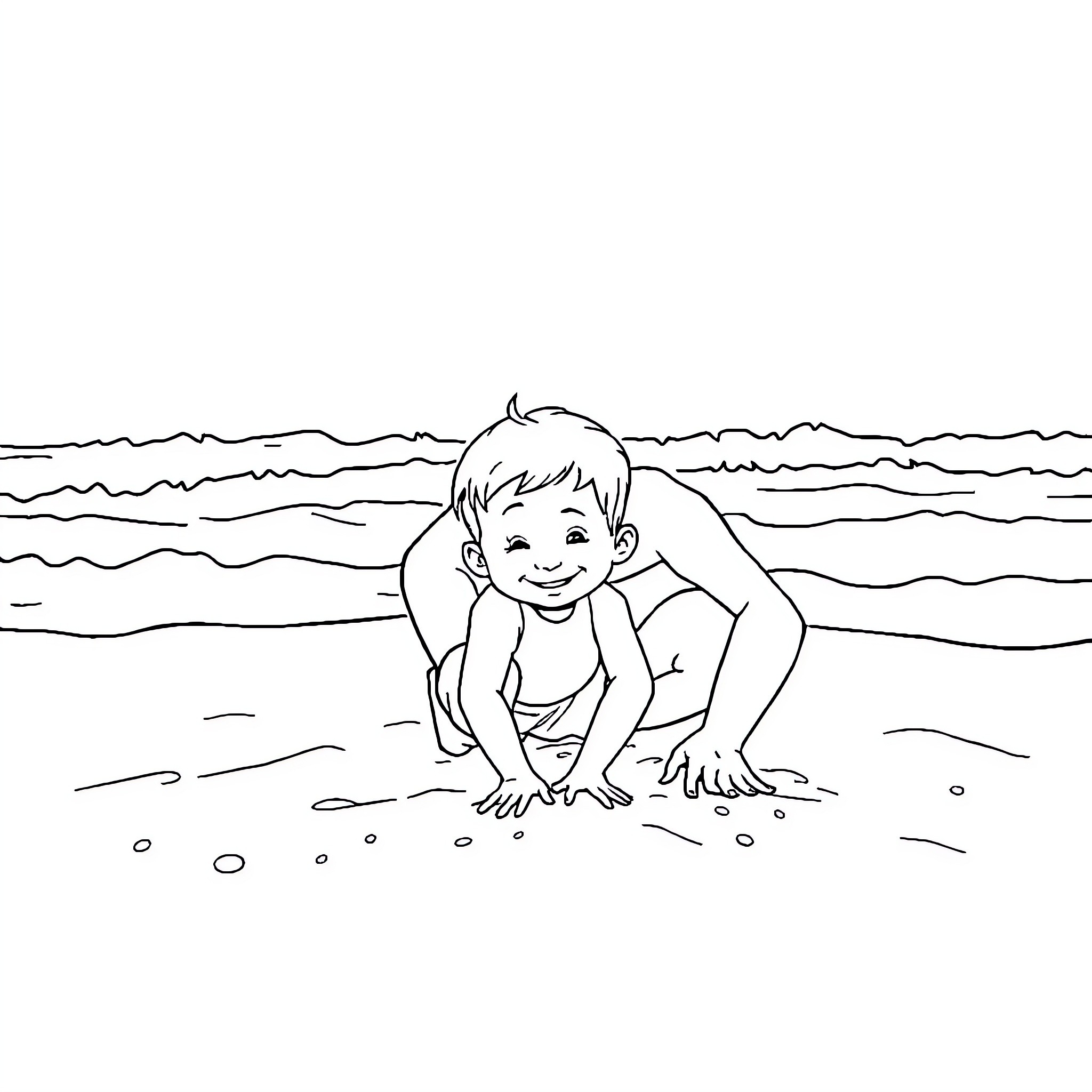 Boy playing happily on the beach Coloring Page (free black-and-white line drawing printable PDF for all, from beginners to advanced learners, including children, teens, adults, and seniors)