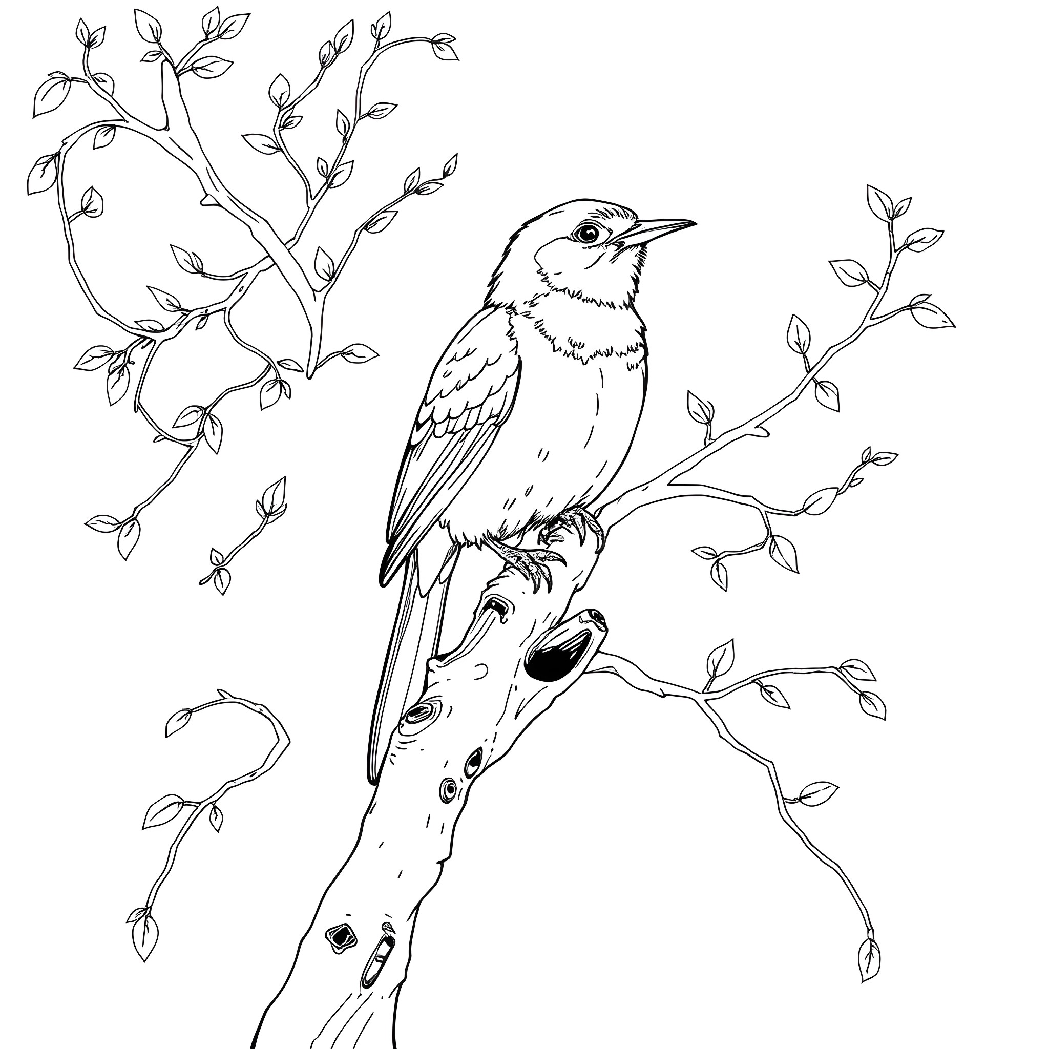 Bird perched on a branch with leaves Coloring Page (free black-and-white line drawing printable PDF for all, from beginners to advanced learners, including children, teens, adults, and seniors)