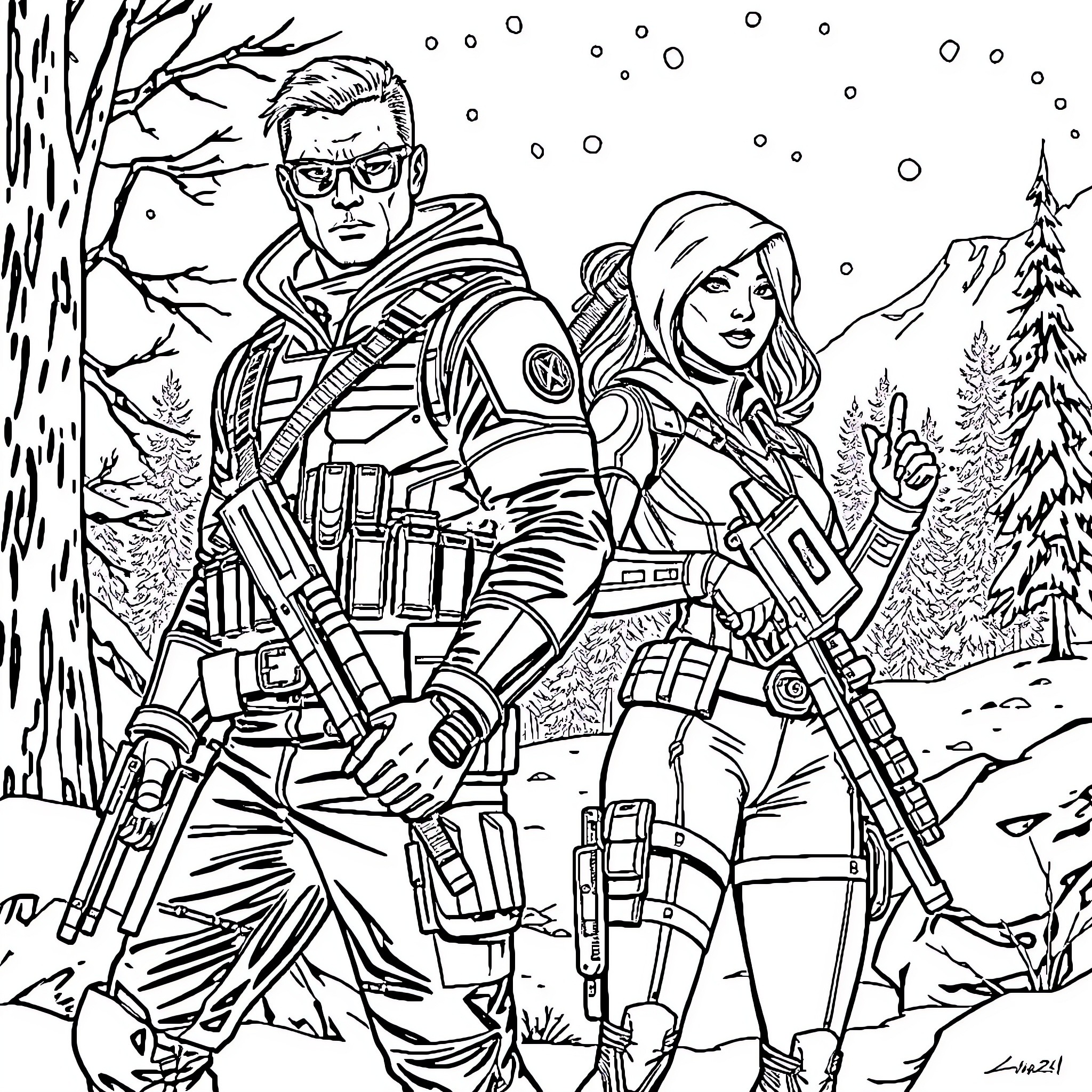 Winter Soldier and Operative on Snowy Mission Coloring Page (free black-and-white line drawing printable PDF for all, from beginners to advanced learners, including children, teens, adults, and seniors)