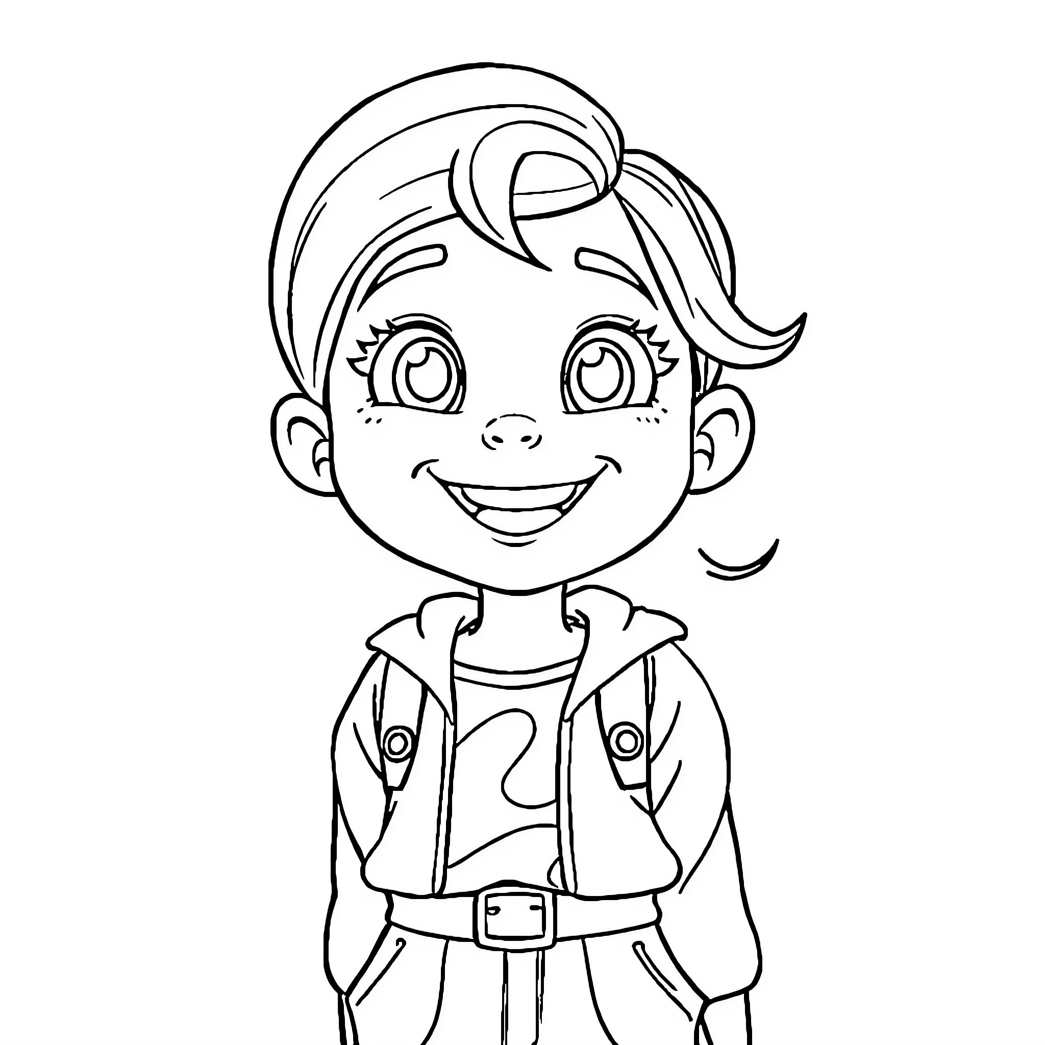 Zoey's Cheerful Cartoon Pose Coloring Page (free black-and-white line drawing printable PDF for all, from beginners to advanced learners, including children, teens, adults, and seniors)