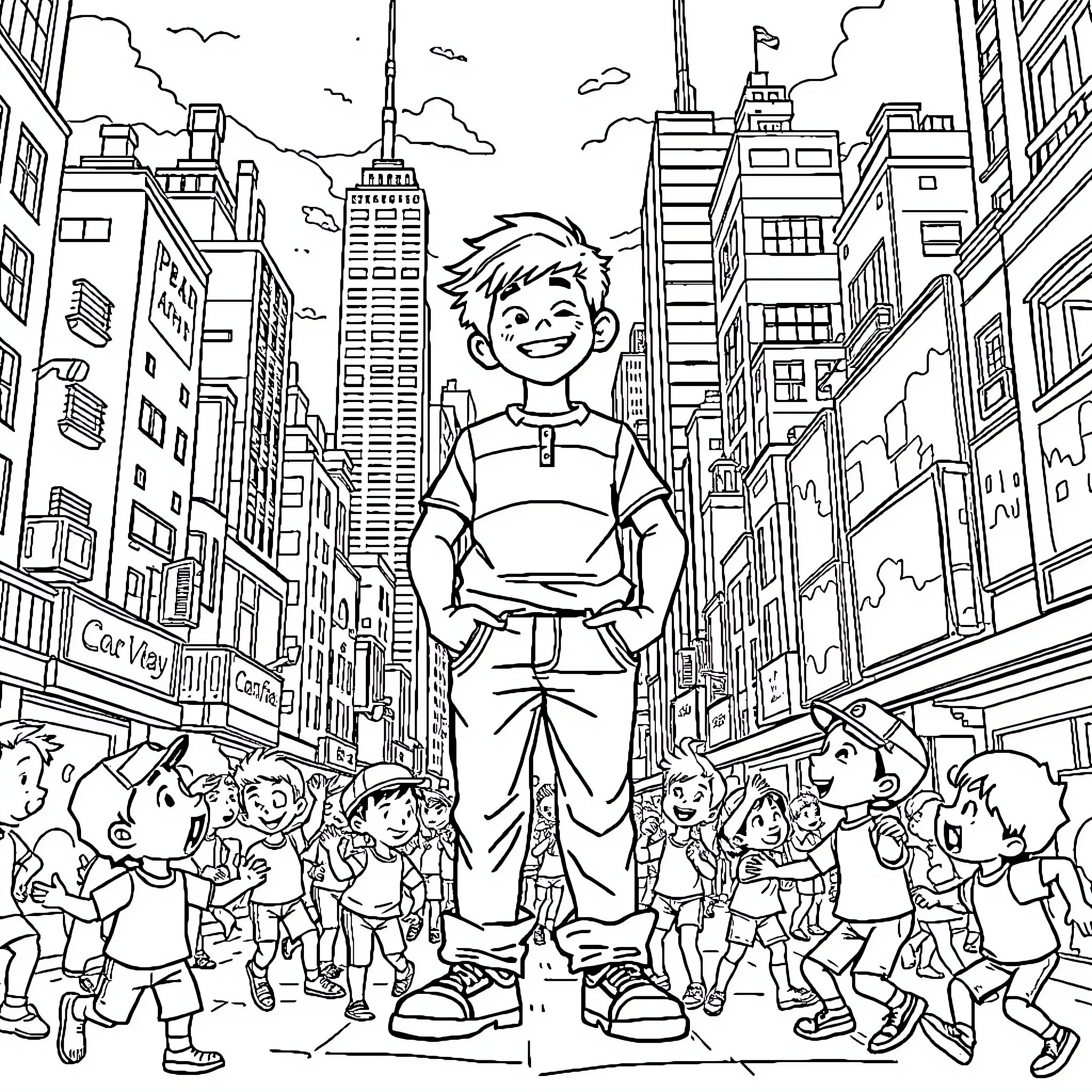 Boy Exploring the Bustling City Streets Coloring Page (free black-and-white line drawing printable PDF for all, from beginners to advanced learners, including children, teens, adults, and seniors)