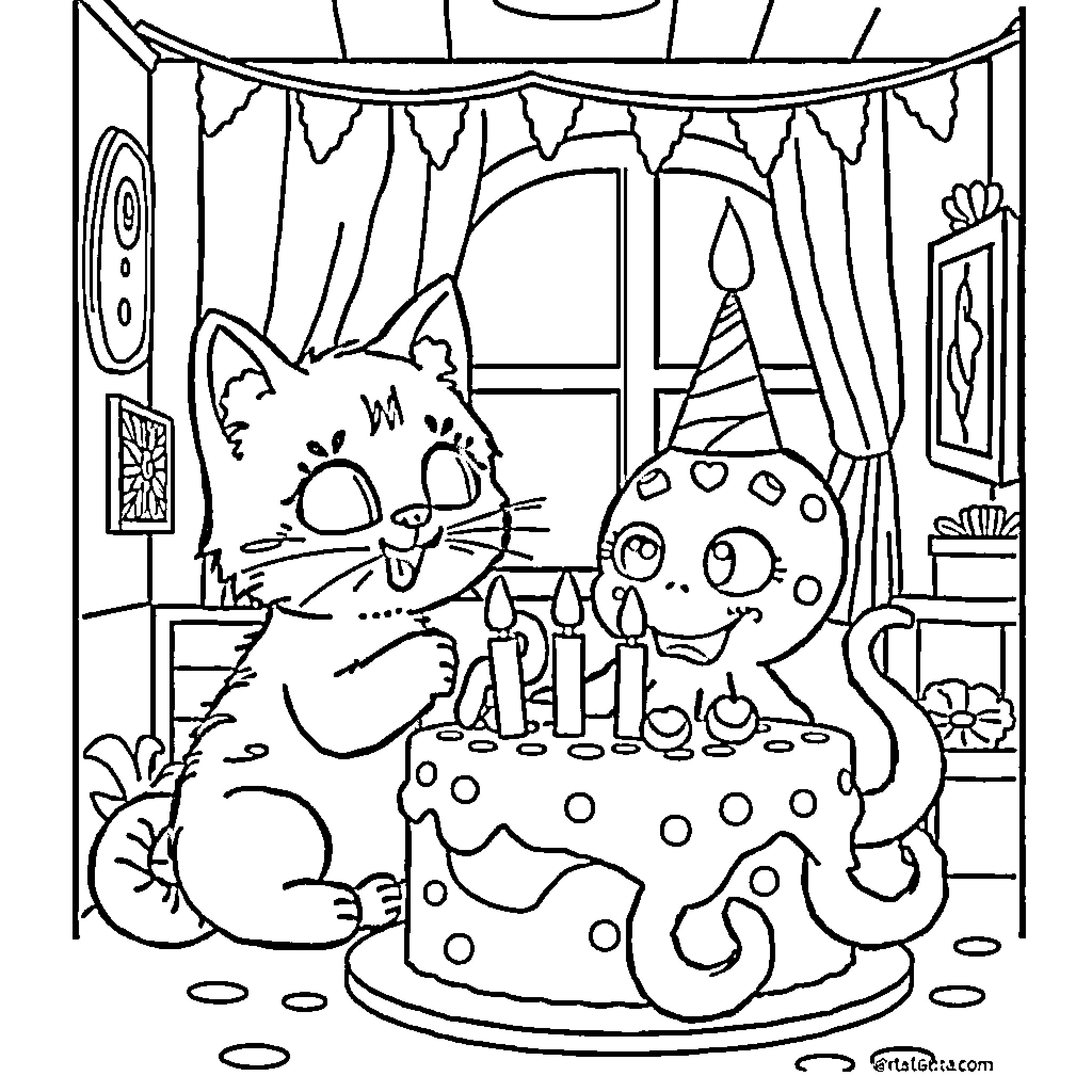 Cakey Cat Celebrates a Pawty Coloring Page (free black-and-white line drawing printable PDF for all, from beginners to advanced learners, including children, teens, adults, and seniors)