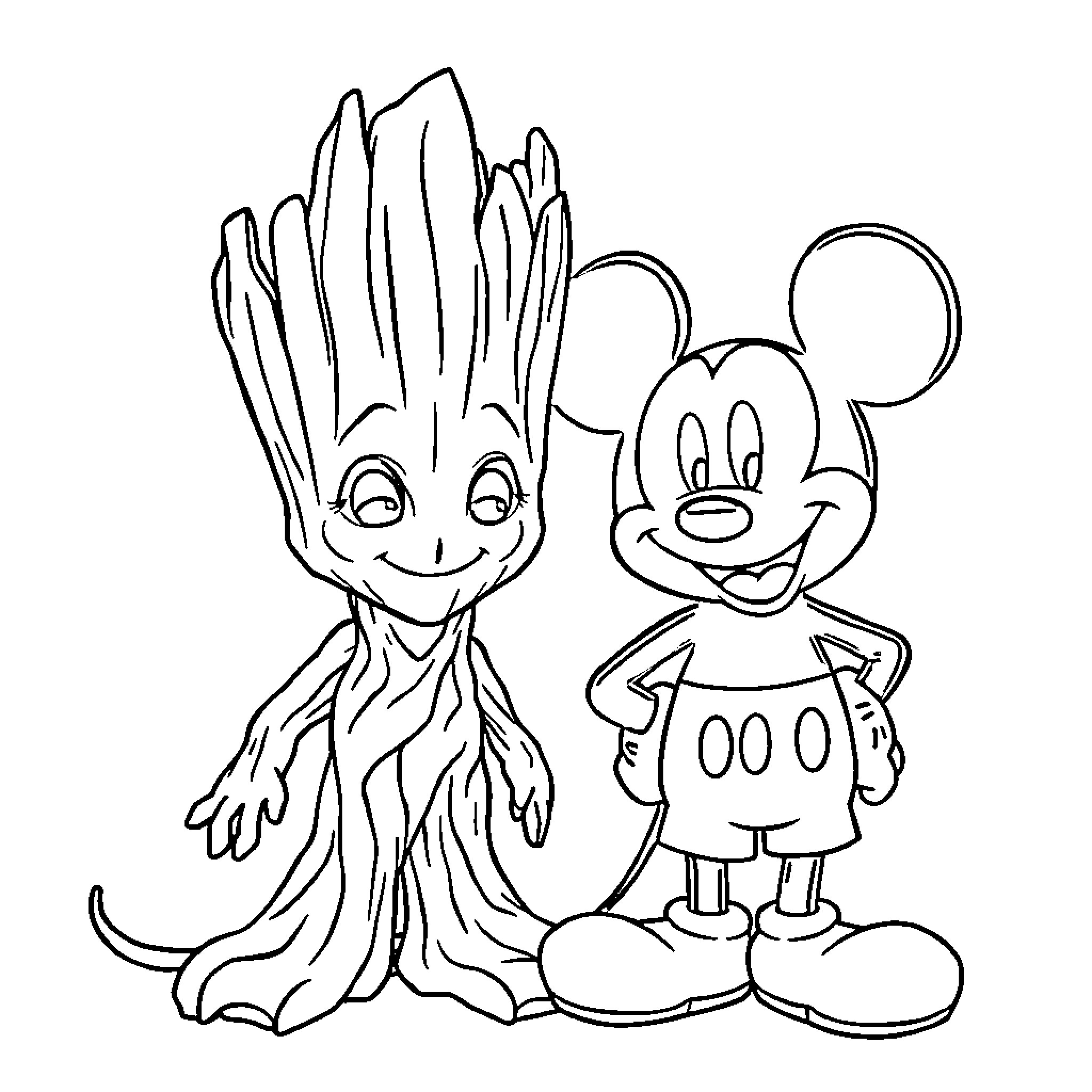 Groot and Mickey Mouse cartoon characters Coloring Page (free black-and-white line drawing printable PDF for all, from beginners to advanced learners, including children, teens, adults, and seniors)
