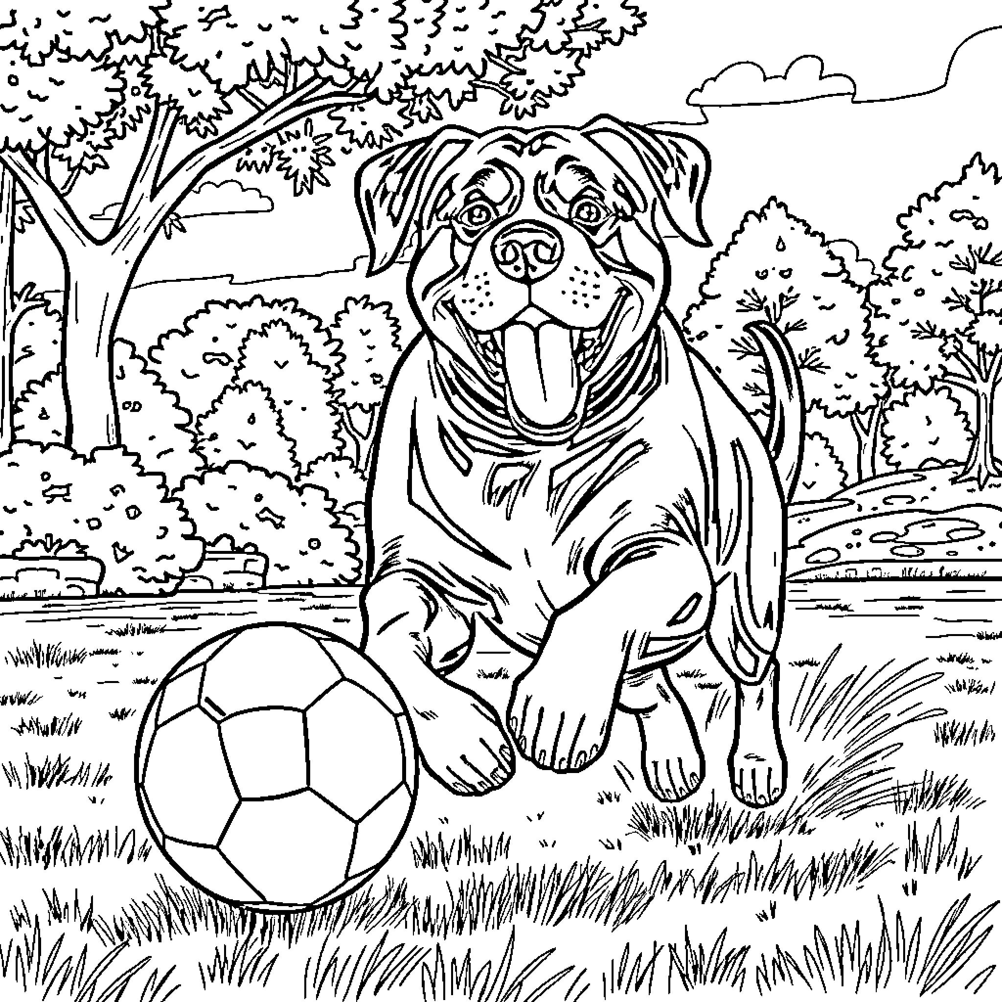 Rottweiler playing with soccer ball in the park Coloring Page (free black-and-white line drawing printable PDF for all, from beginners to advanced learners, including children, teens, adults, and seniors)