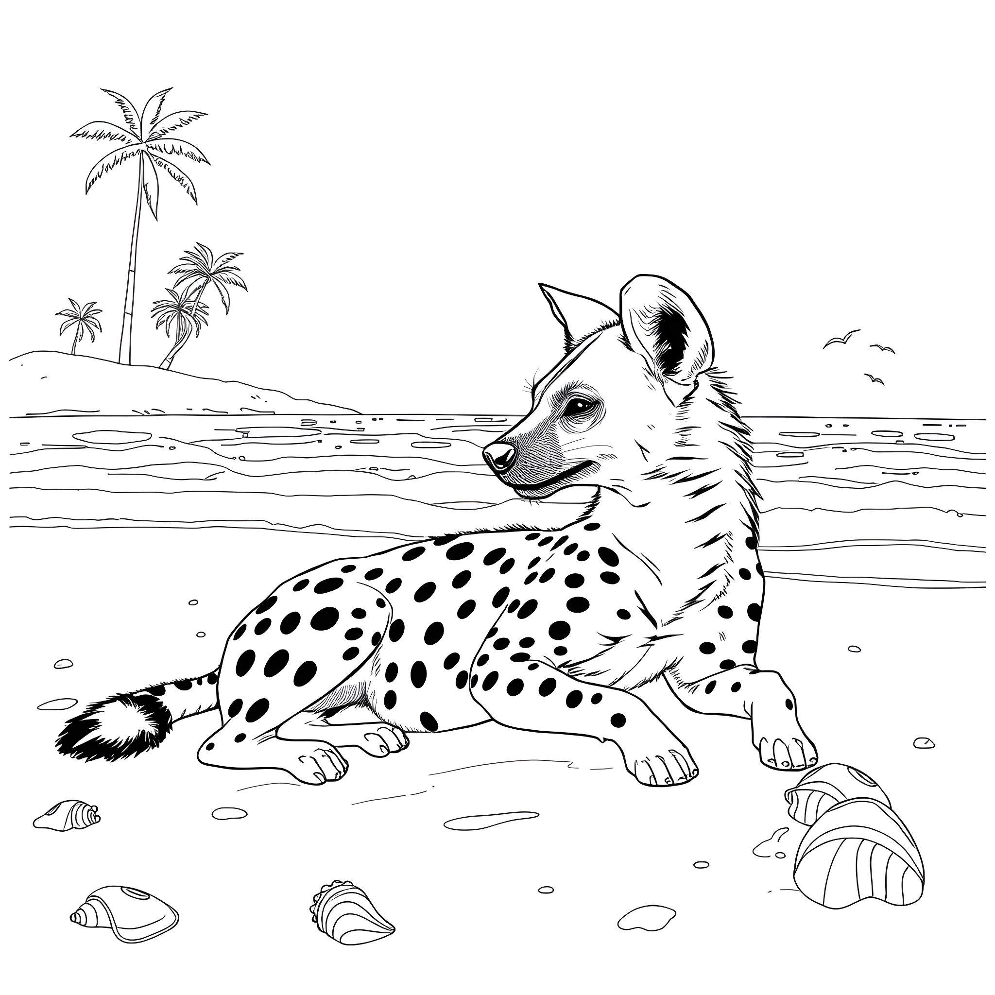 Hyena relaxing on the beach Coloring Page (free black-and-white line drawing printable PDF for all, from beginners to advanced learners, including children, teens, adults, and seniors)