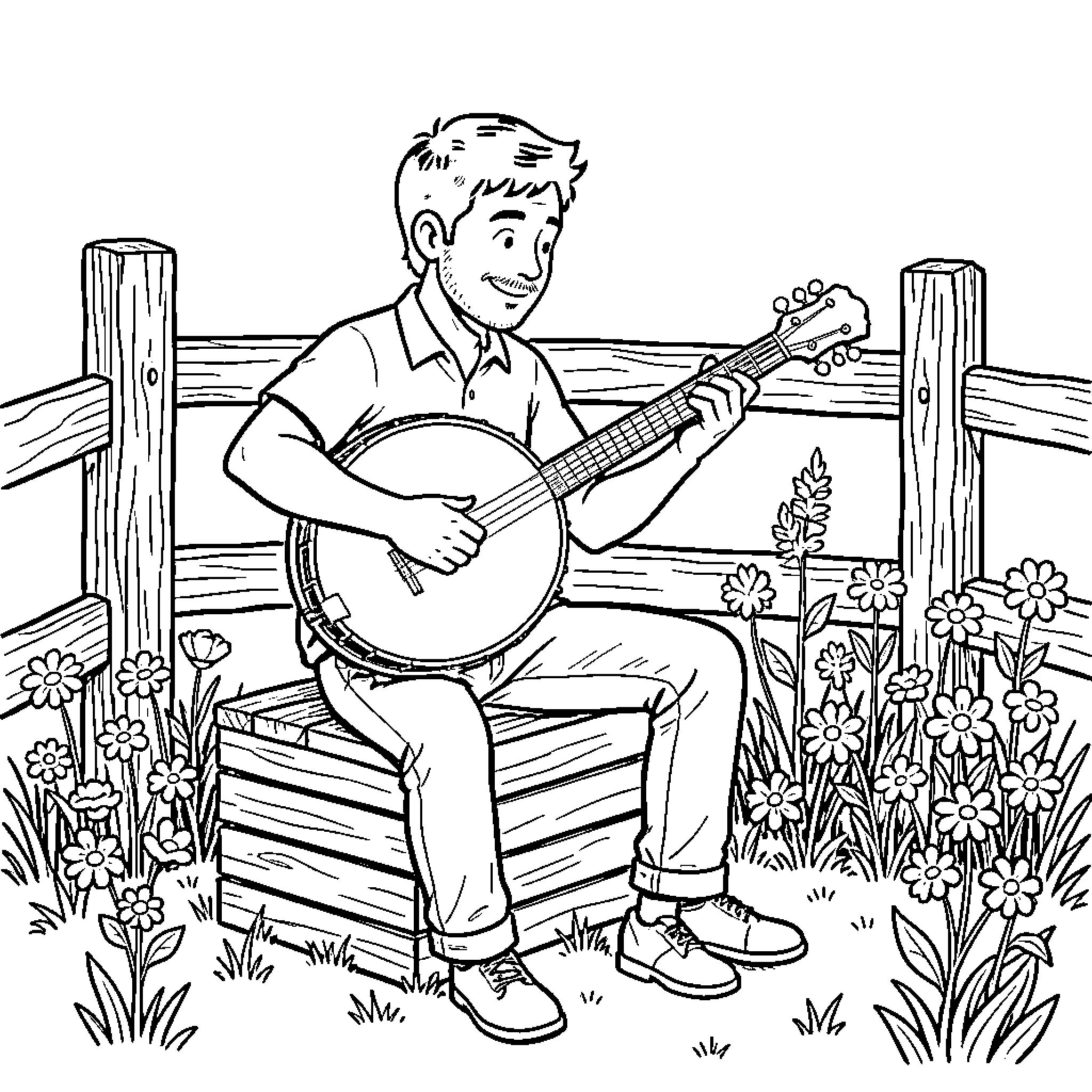 Man playing banjo in a rural setting Coloring Page (free black-and-white line drawing printable PDF for all, from beginners to advanced learners, including children, teens, adults, and seniors)