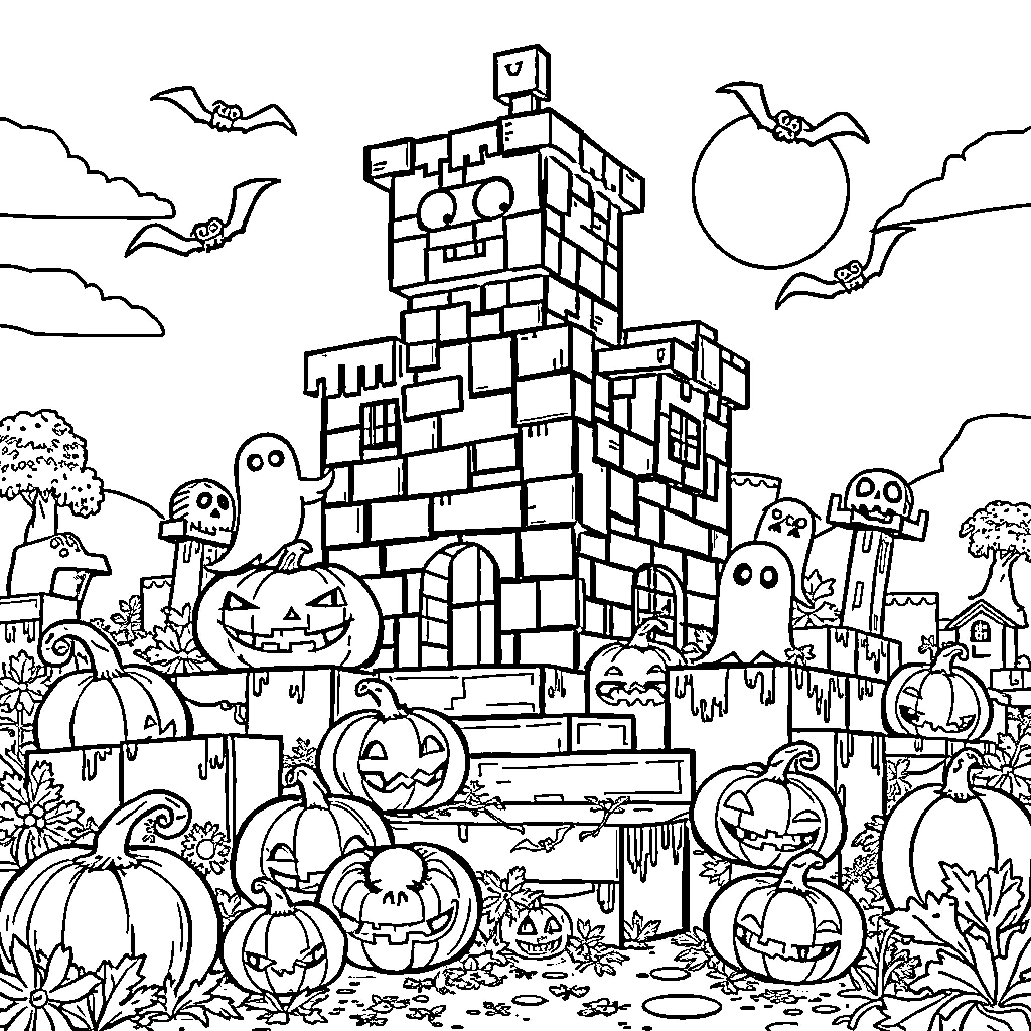 Minecraft Halloween-themed Spooky Castle and Pumpkins Coloring Page (free black-and-white line drawing printable PDF for all, from beginners to advanced learners, including children, teens, adults, and seniors)