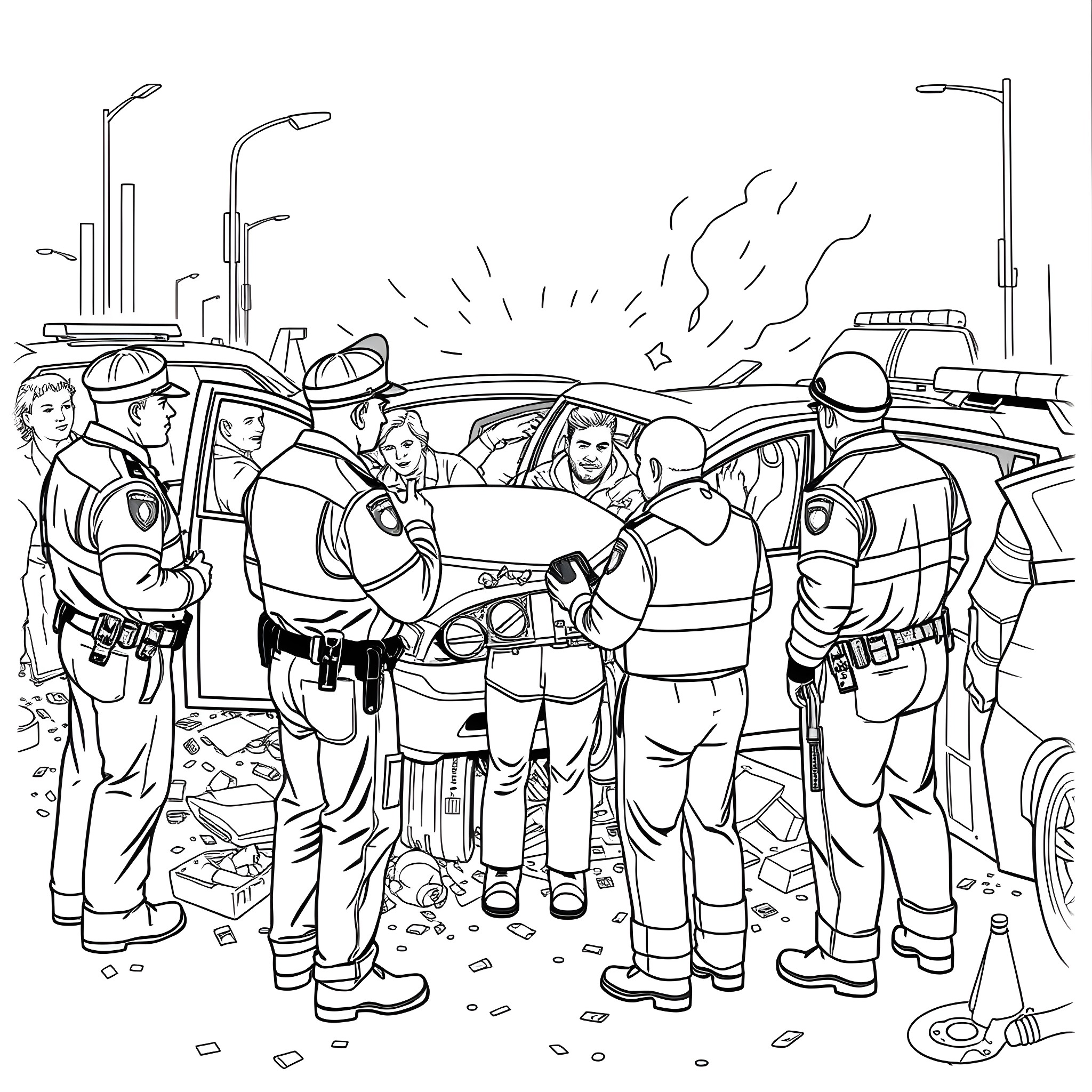 Car Emergency Responders at the Scene Coloring Page (free black-and-white line drawing printable PDF for all, from beginners to advanced learners, including children, teens, adults, and seniors)