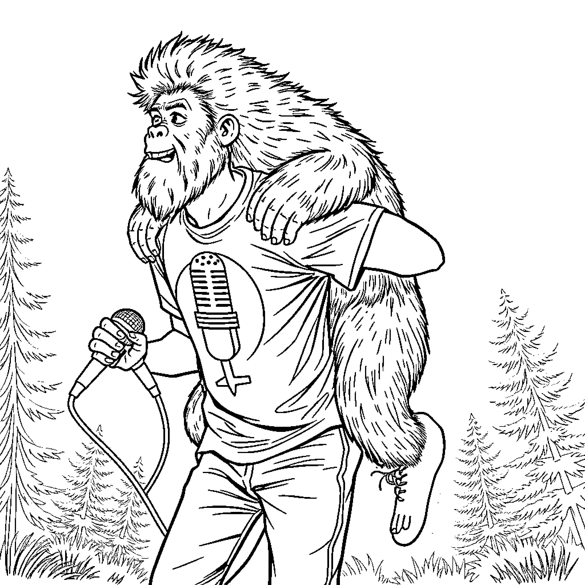 Guy Bigfoot singer performs on stage in the forest Coloring Page (free black-and-white line drawing printable PDF for all, from beginners to advanced learners, including children, teens, adults, and seniors)