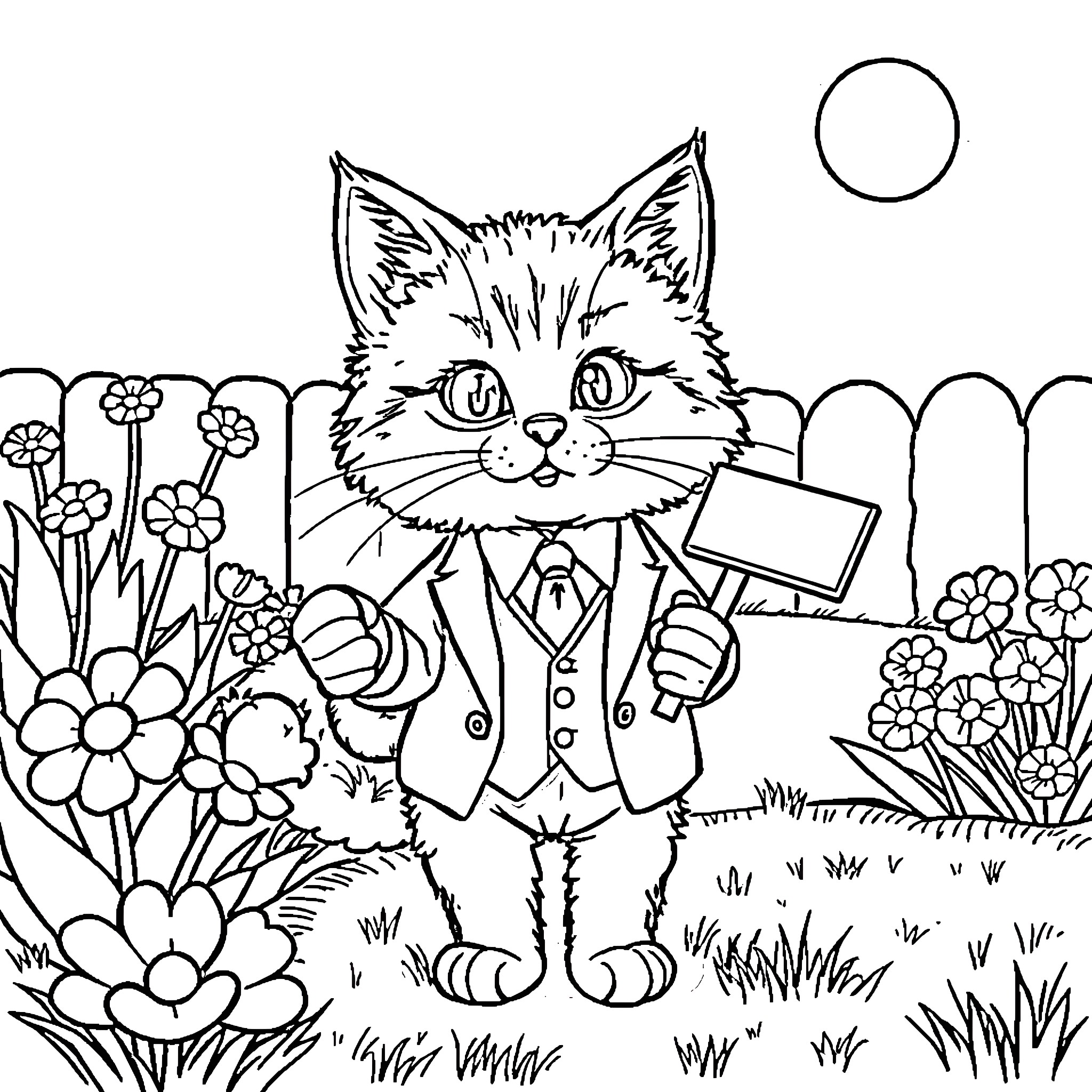 Cat dressed as businessman holding sign in floral garden Coloring Page (free black-and-white line drawing printable PDF for all, from beginners to advanced learners, including children, teens, adults, and seniors)