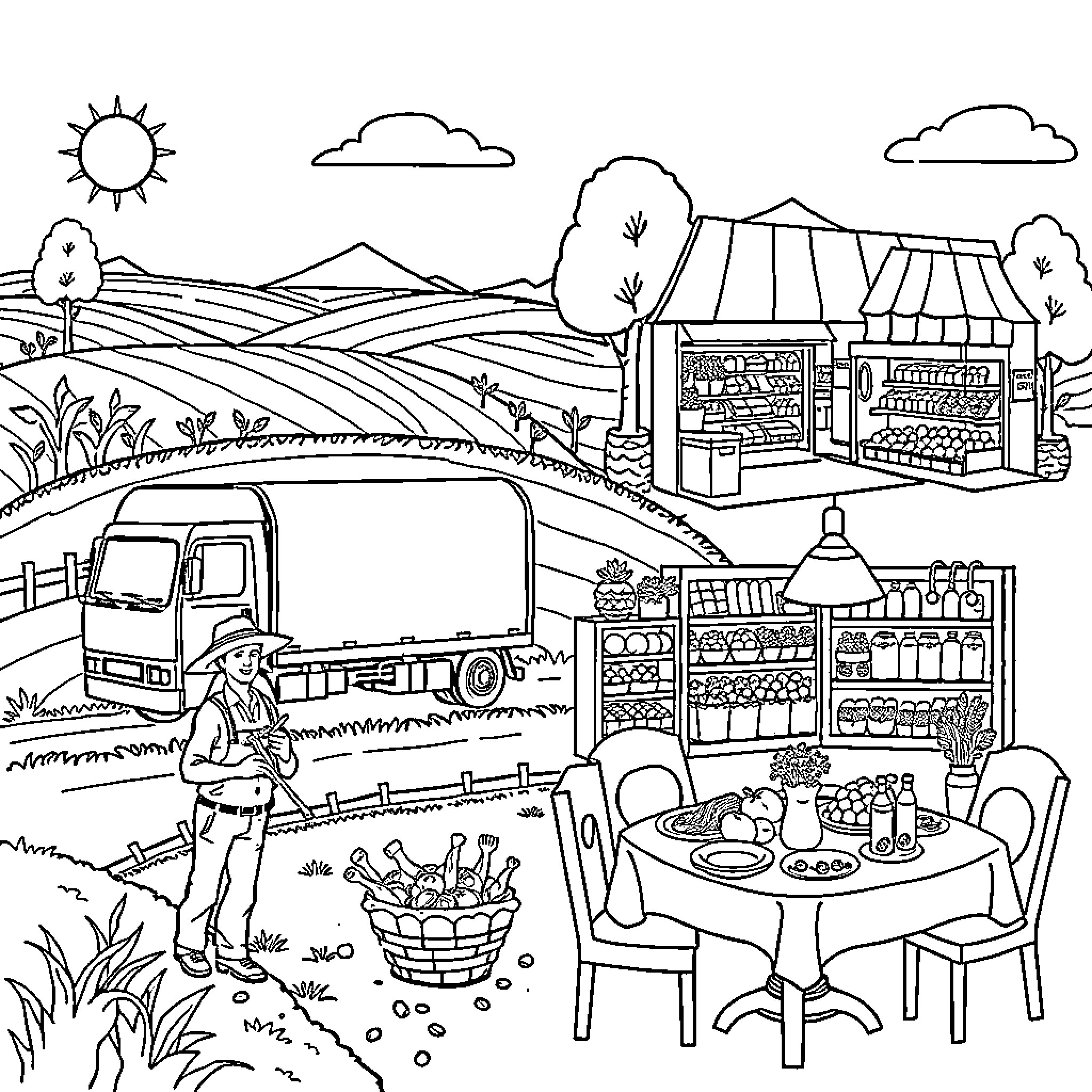 Farmer Tending to Crops and Running a Roadside Market Coloring Page (free black-and-white line drawing printable PDF for all, from beginners to advanced learners, including children, teens, adults, and seniors)