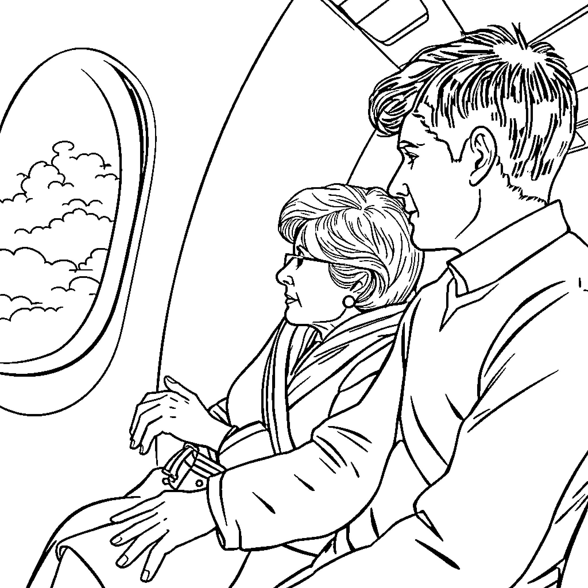 Grandmother and Grandson on Airplane Journey Coloring Page (free black-and-white line drawing printable PDF for all, from beginners to advanced learners, including children, teens, adults, and seniors)