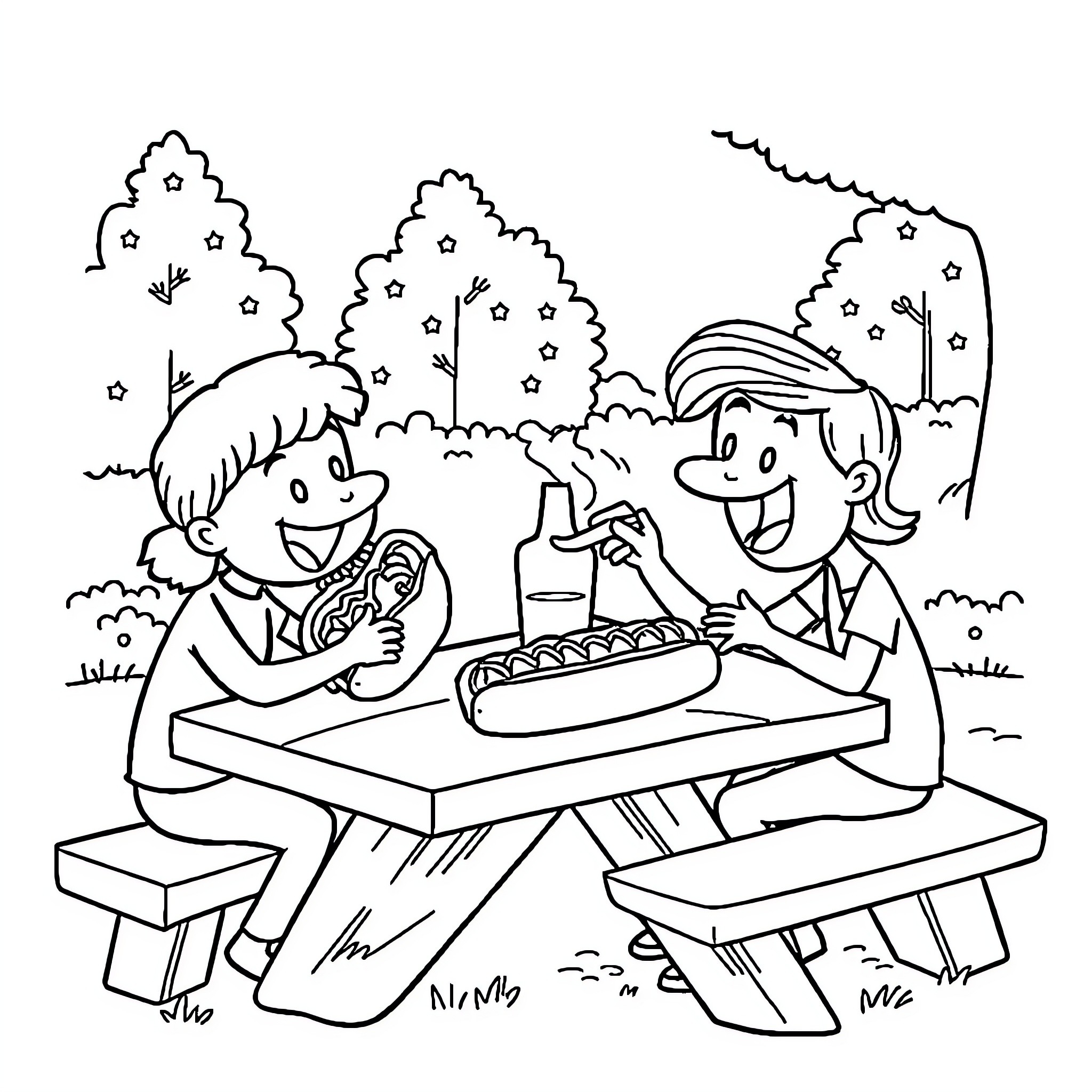 Hotdog picnic with friends in the park Coloring Page (free black-and-white line drawing printable PDF for all, from beginners to advanced learners, including children, teens, adults, and seniors)