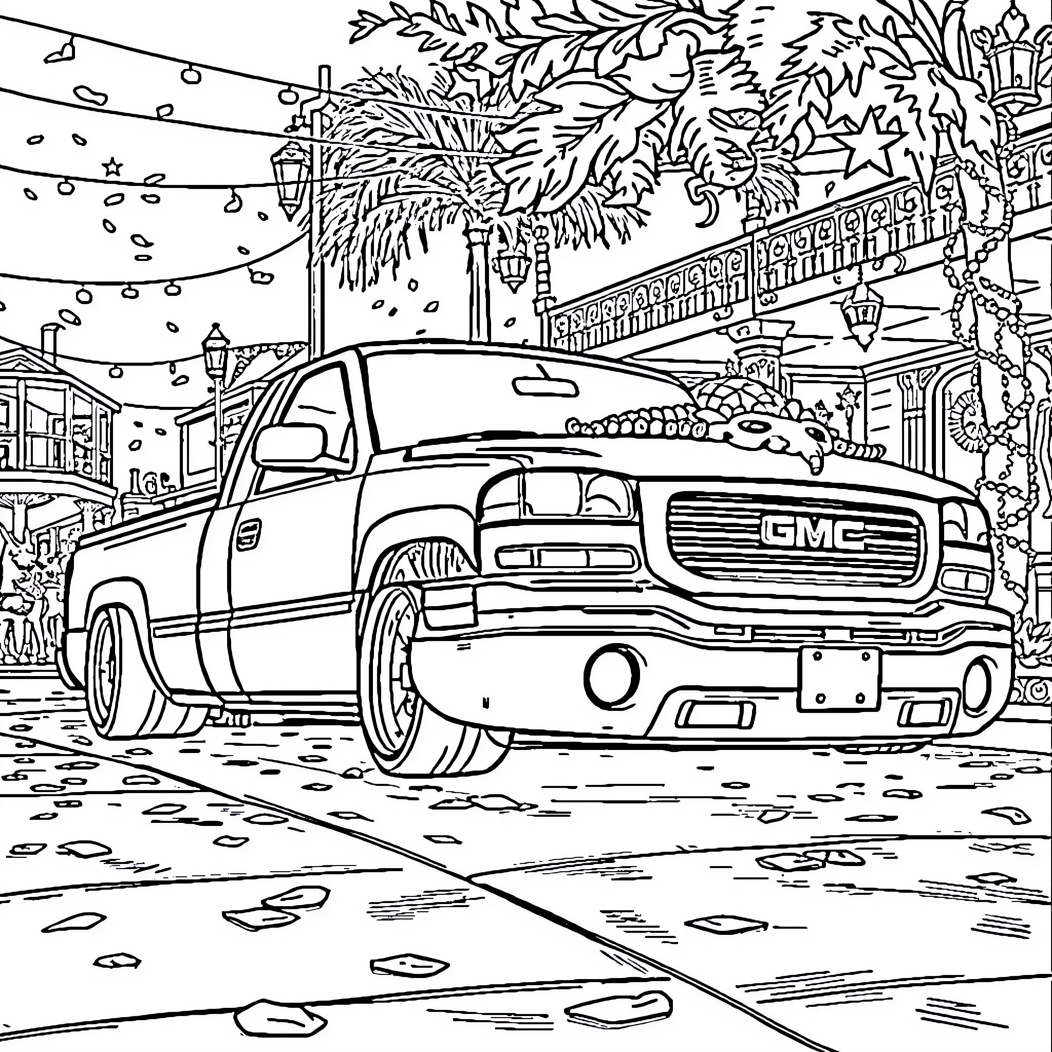 Gmc truck parked in festive holiday scene Coloring Page (free black-and-white line drawing printable PDF for all, from beginners to advanced learners, including children, teens, adults, and seniors)