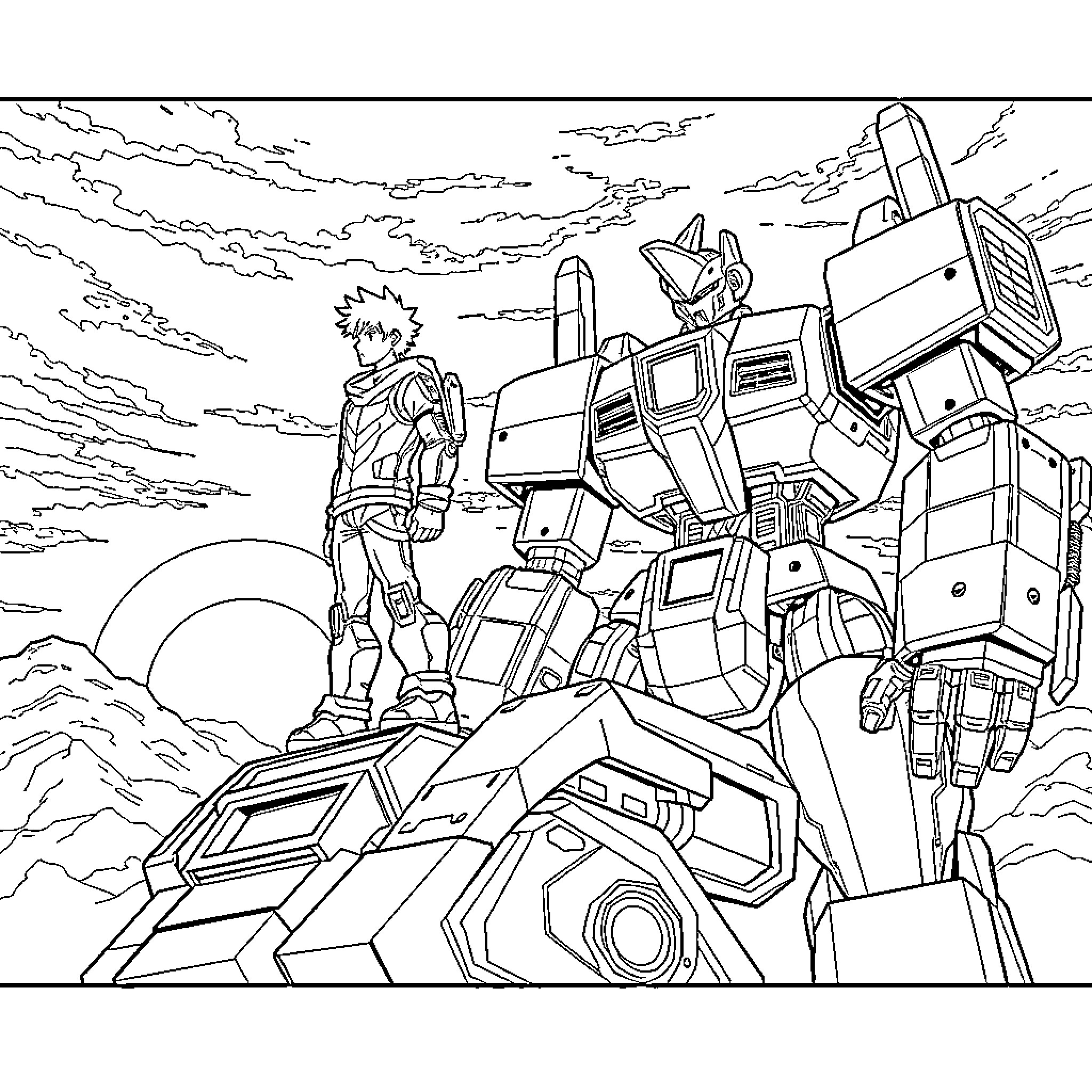 Ryan exploring futuristic mech suit in sci-fi landscape Coloring Page (free black-and-white line drawing printable PDF for all, from beginners to advanced learners, including children, teens, adults, and seniors)