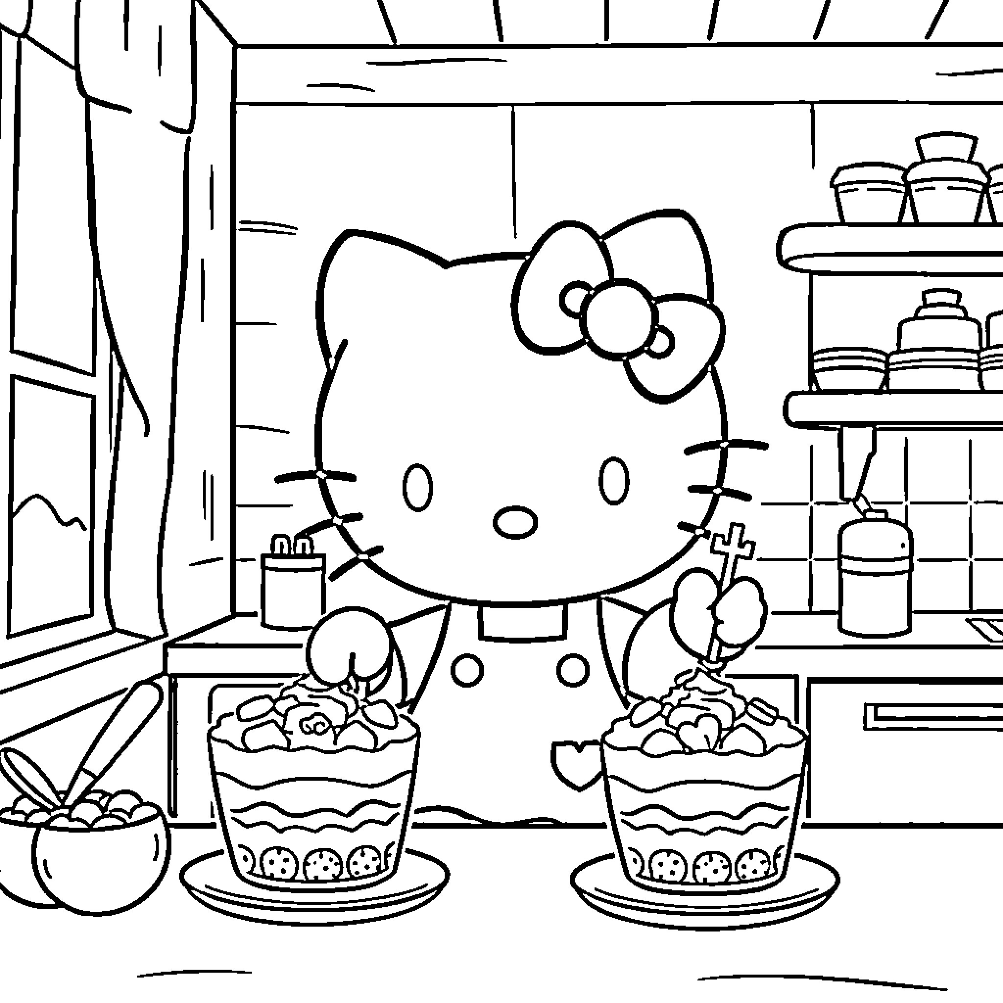 Hello Kitty enjoys delicious desserts in the kitchen Coloring Page (free black-and-white line drawing printable PDF for all, from beginners to advanced learners, including children, teens, adults, and seniors)