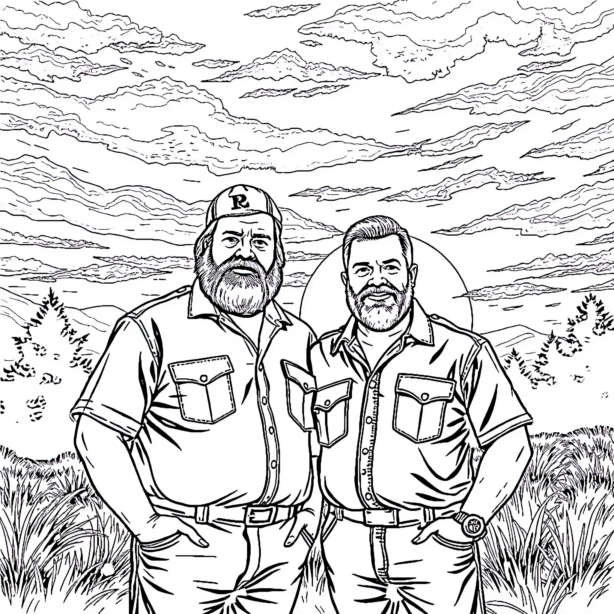 Bud Spencer and Terence Hill in adventurous outdoor setting Coloring Page (free black-and-white line drawing printable PDF for all, from beginners to advanced learners, including children, teens, adults, and seniors)