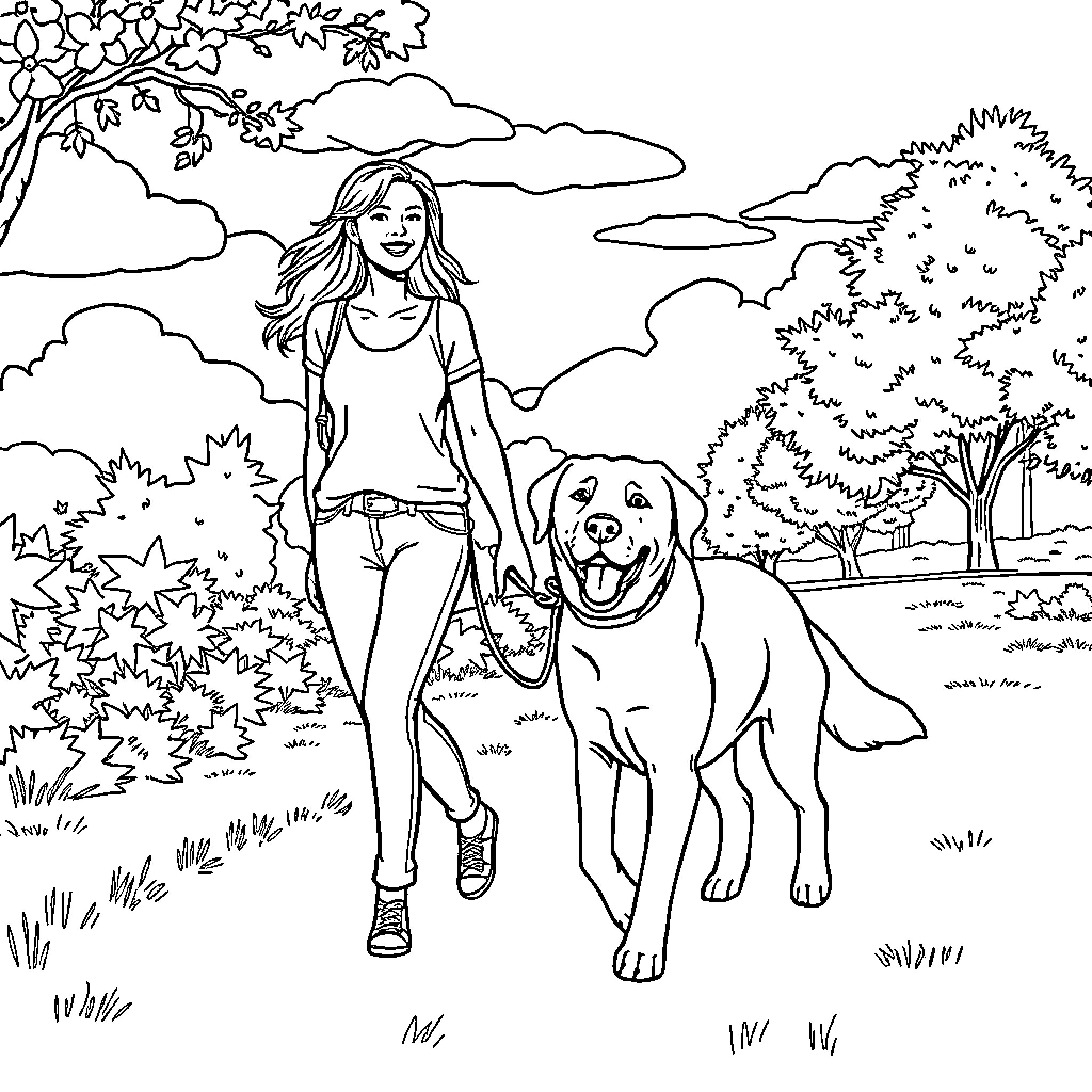 Woman walking her dog in the park Coloring Page (free black-and-white line drawing printable PDF for all, from beginners to advanced learners, including children, teens, adults, and seniors)