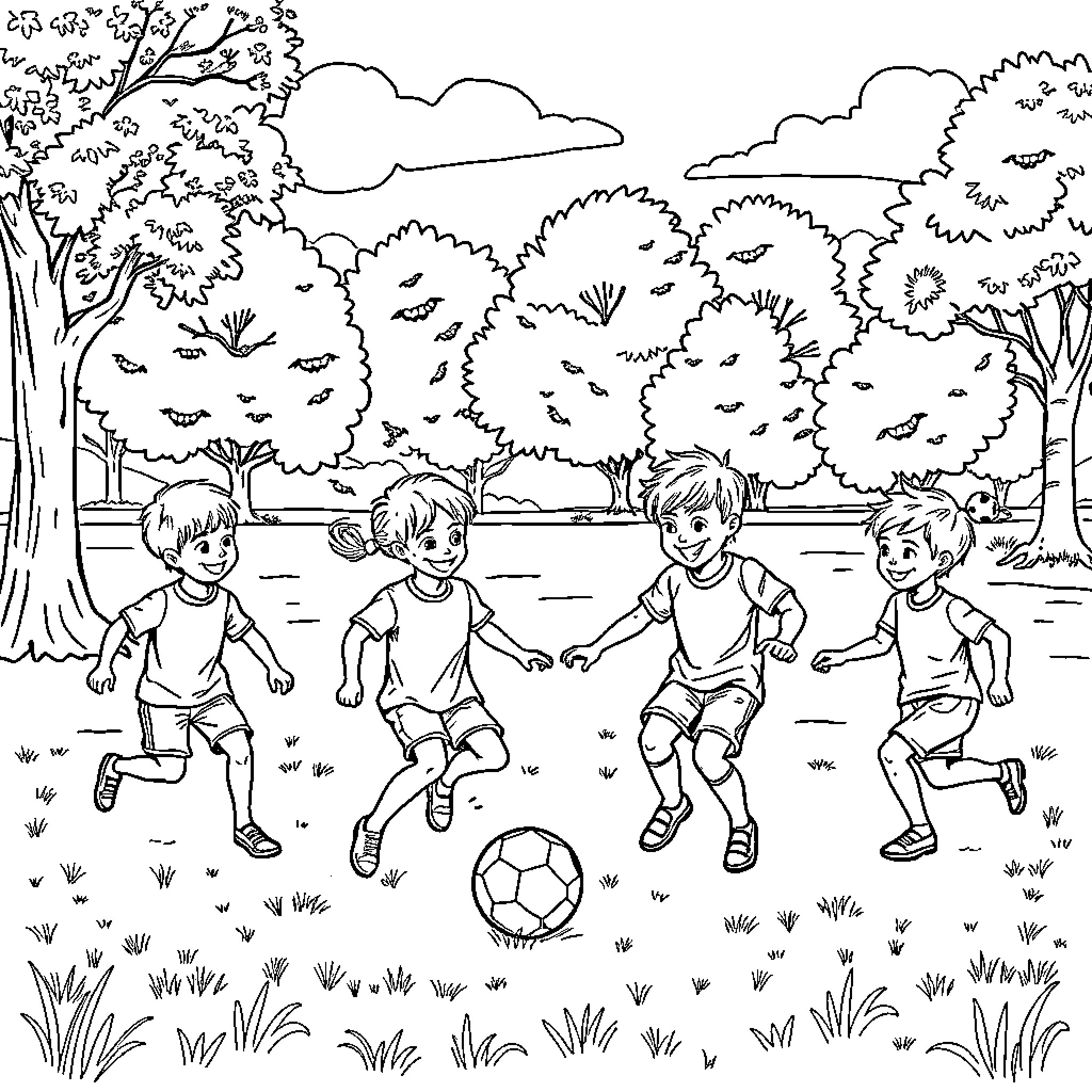 Child playing with friends in natural setting Coloring Page (free black-and-white line drawing printable PDF for all, from beginners to advanced learners, including children, teens, adults, and seniors)