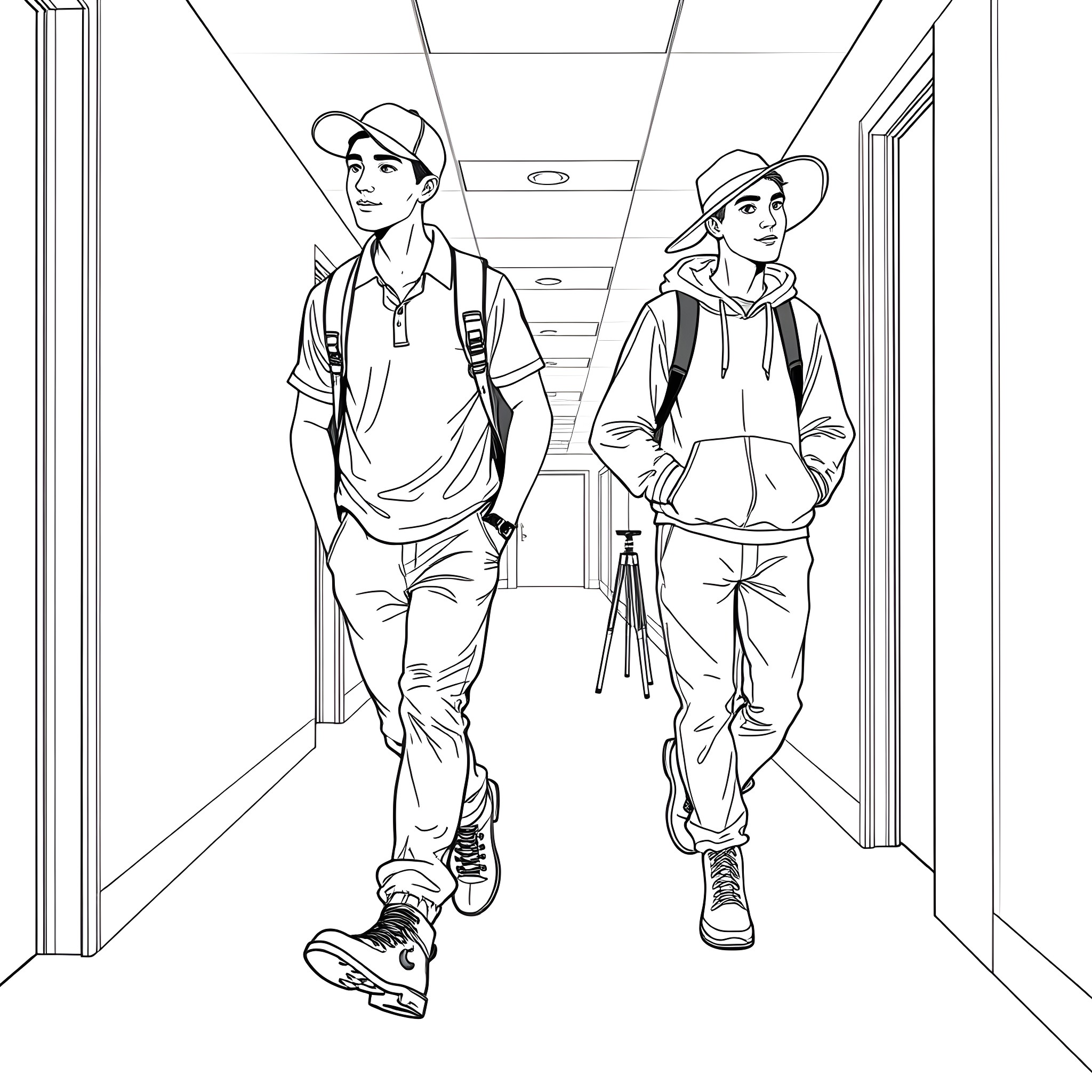 Teen friends walking together in the school hallway Coloring Page (free black-and-white line drawing printable PDF for all, from beginners to advanced learners, including children, teens, adults, and seniors)