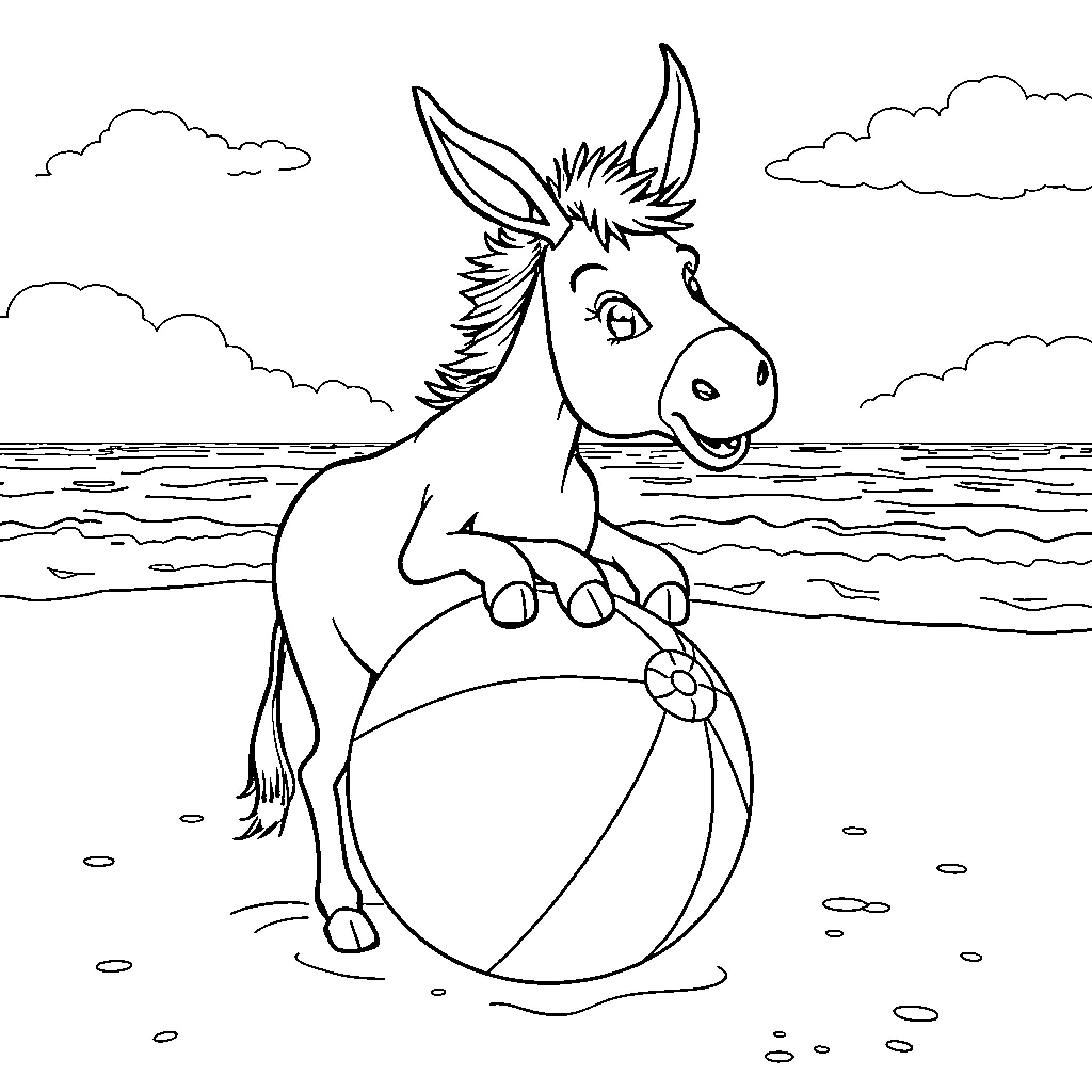 Donkey playing with beach ball by the sea Coloring Page (free black-and-white line drawing printable PDF for all, from beginners to advanced learners, including children, teens, adults, and seniors)