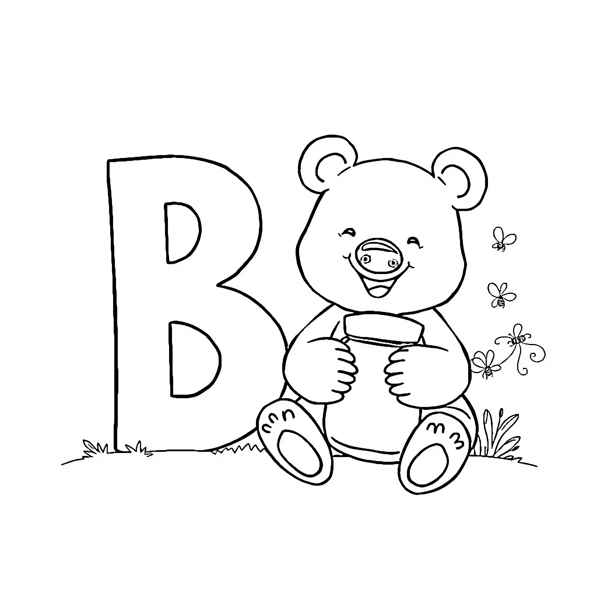Bear playing with butterflies in the meadow Coloring Page (free black-and-white line drawing printable PDF for all, from beginners to advanced learners, including children, teens, adults, and seniors)